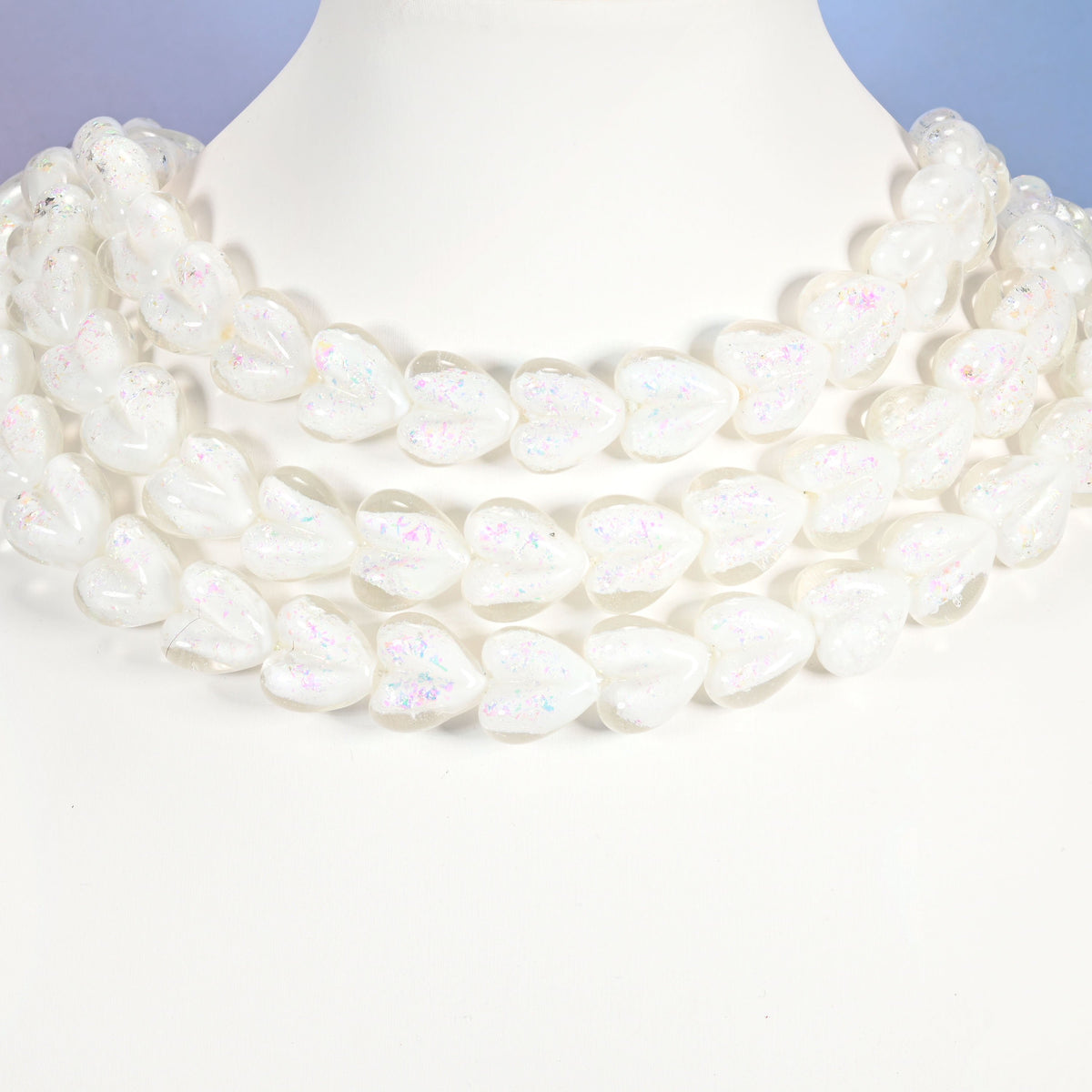 White iridescent glass heart beads, 16x15mm