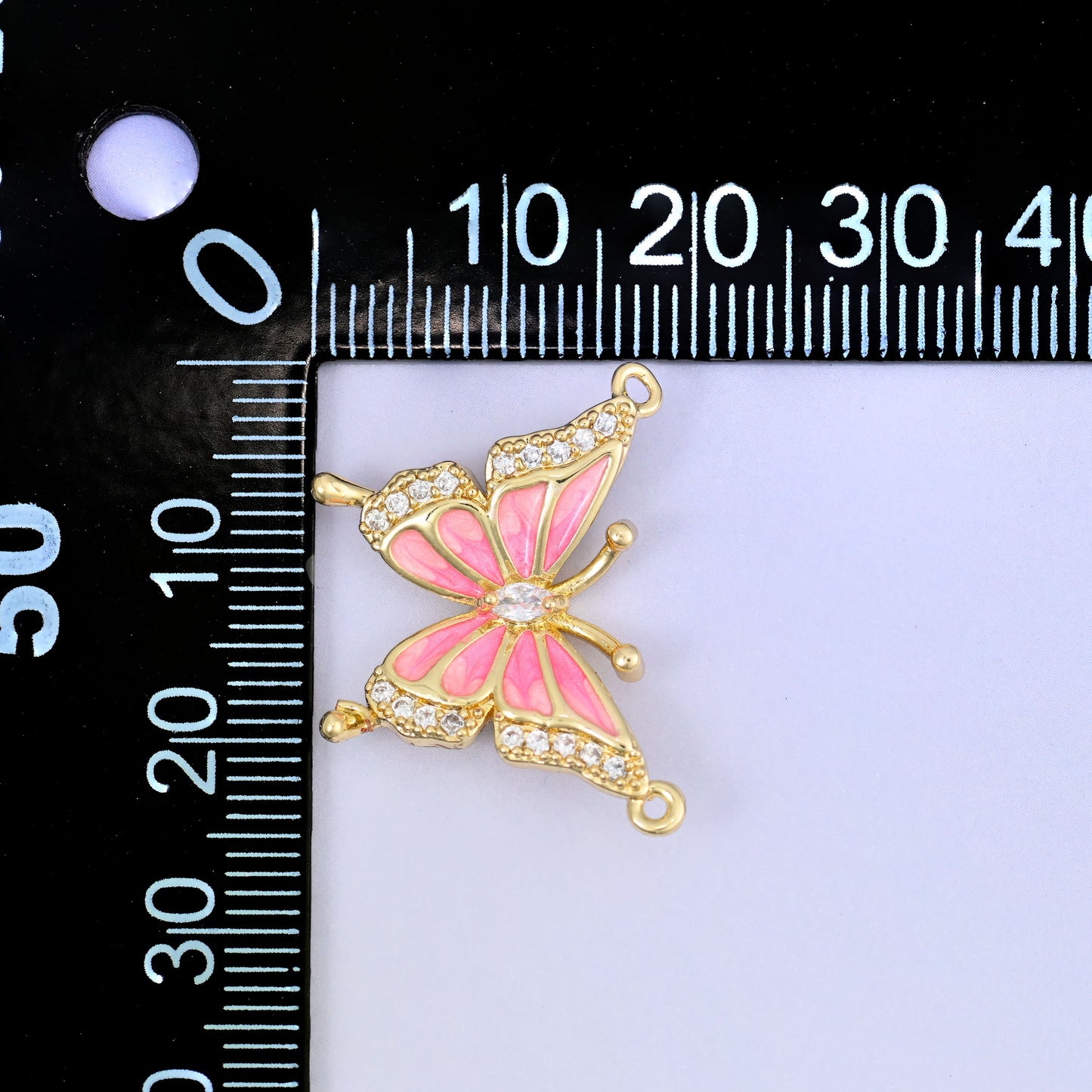 Enamel Pink Butterfly Zircon Pendants: 18K Gold Plated Double Connector, Jewelry Making Supply