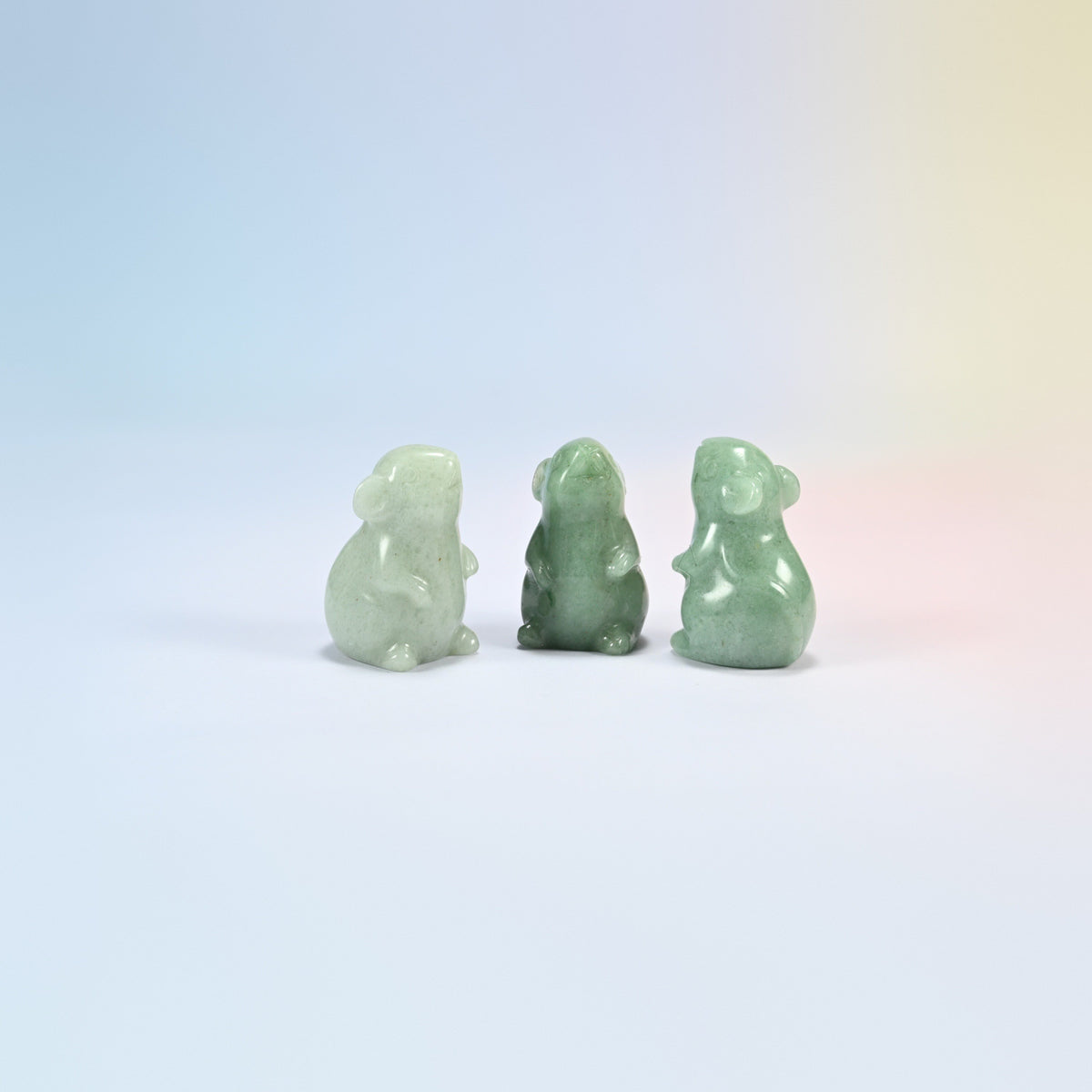 Three natural green aventurine mouse crystal carvings, 1.5 inch