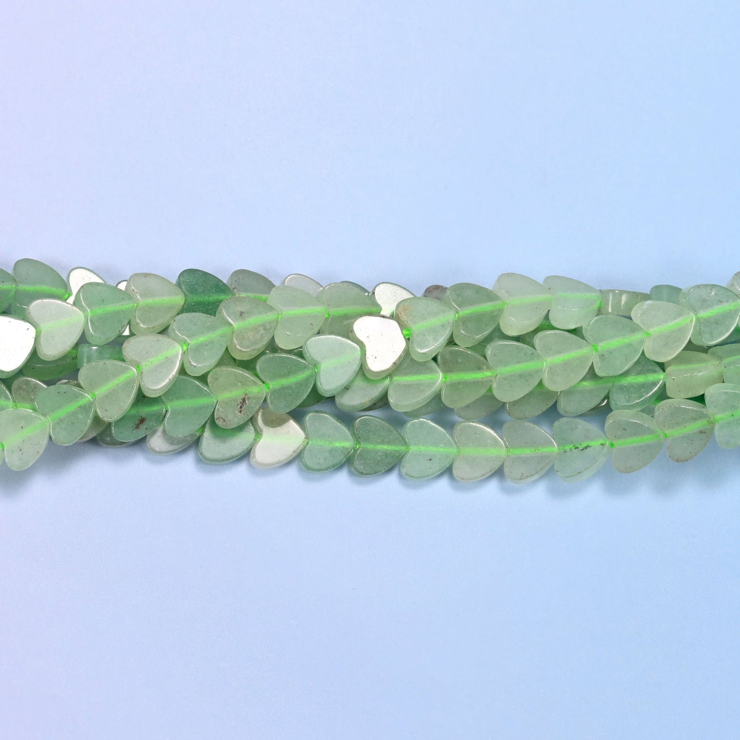 Green Aventurine Flat Heart Beads, pale mint and celadon hearts, semi-translucent and polished smooth