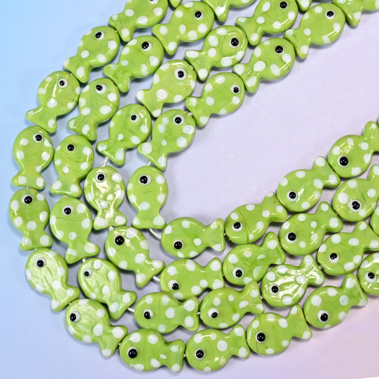 Lime Green with White Dot Fish Glass Beads, 15.5 inch strand