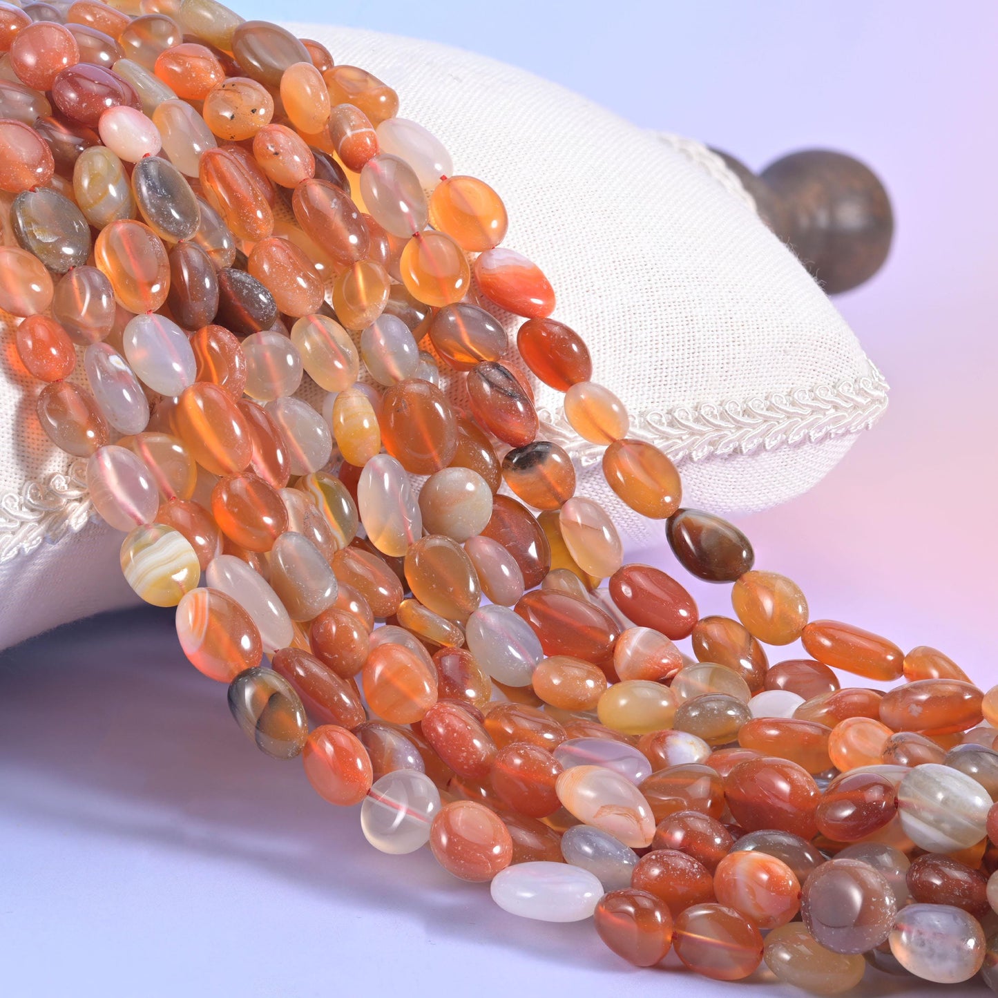 Red Orange Botswana Pebble Nugget Beads, warm amber and rust orange with milky grey-white