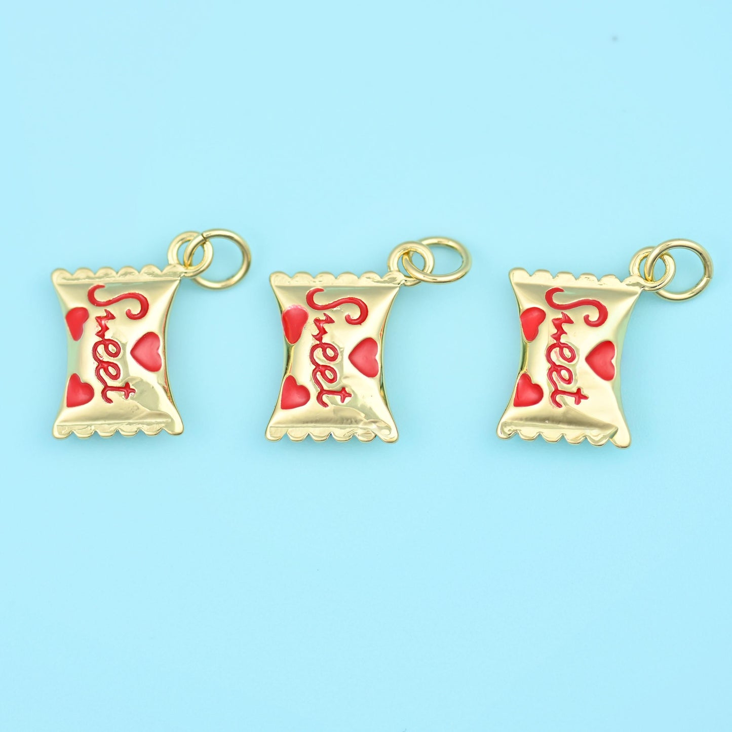 Enamel Sweet Candy Charm 18K Gold Filled 16x12mm in polished gold with red and blue enamel hearts