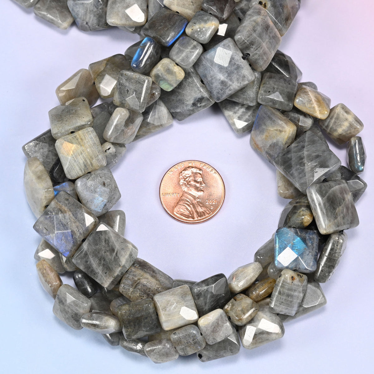 Gray Labradorite faceted flat square beads looped close, center drilled with a 1.0mm hole