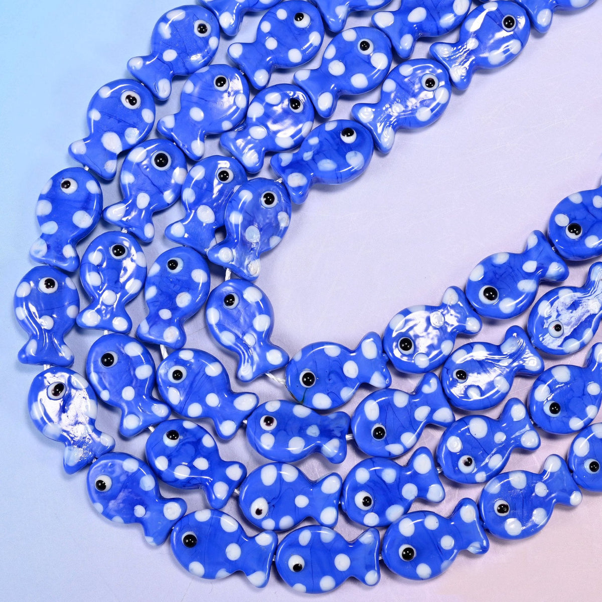 Blue White Dot Fish Glass Beads 19x12mm, 15.5 inch strand