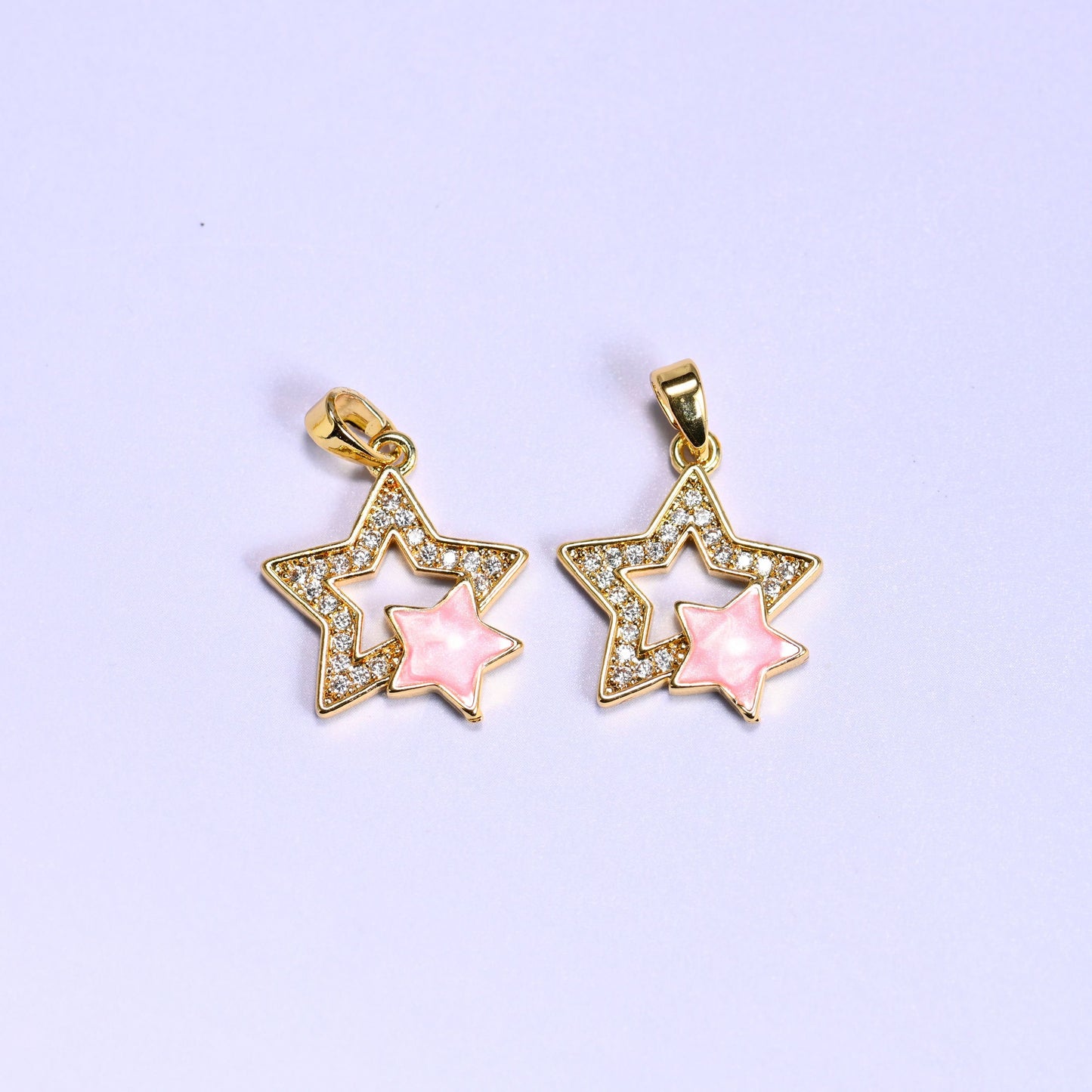 18K gold plated brass double star charm pendant, approx 19.18mm x 16.36mm