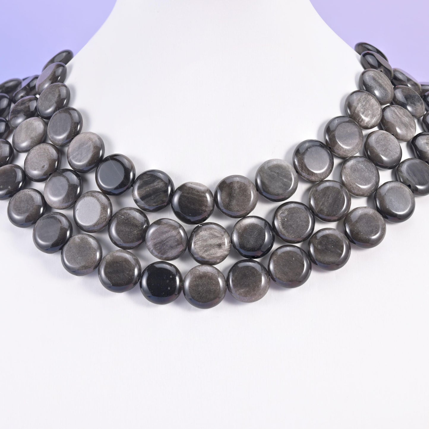 Silver Obsidian beads, coin shape, 15mm