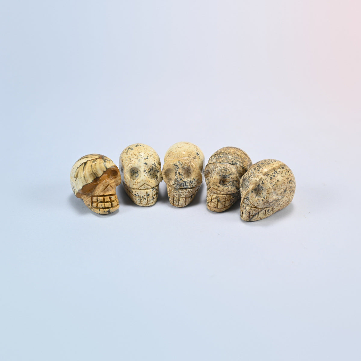 1 inch skull crystal carving in picture jasper, tan natural stone with brown bands