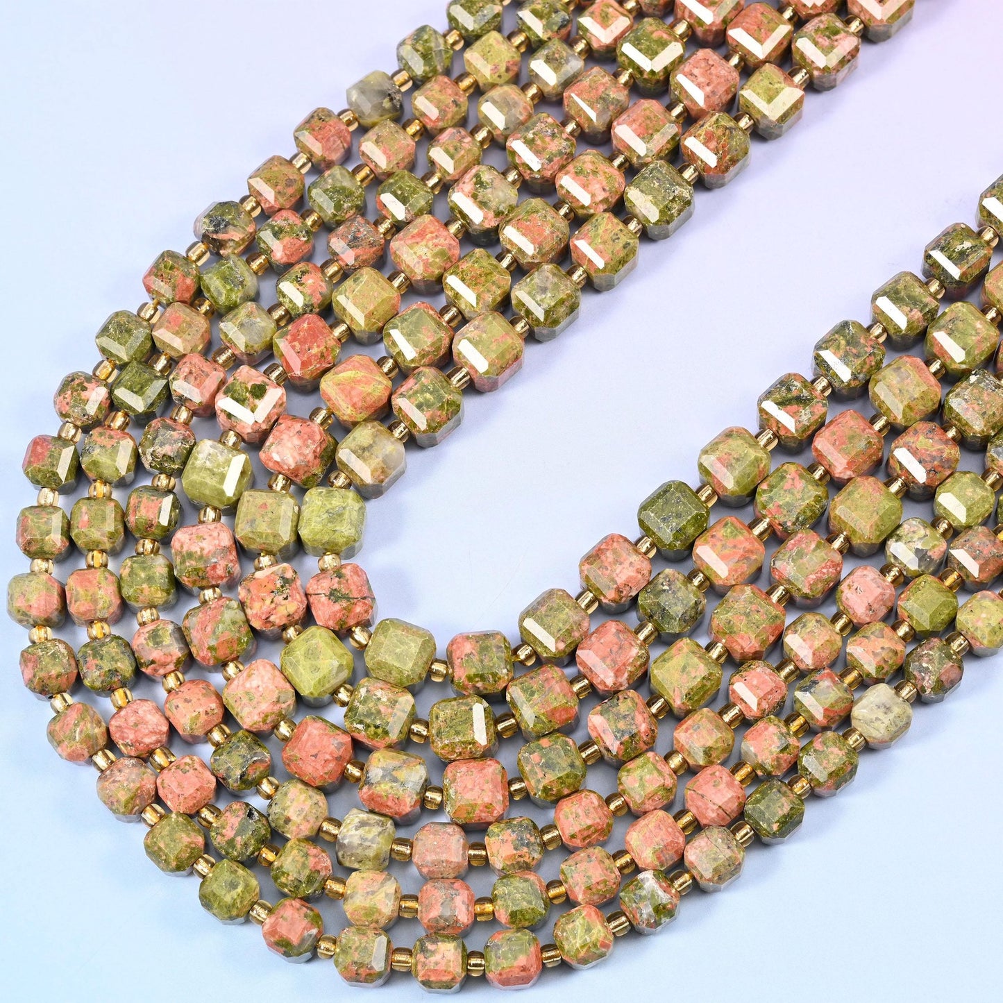 Unakite Faceted Cube Beads, 15 inch strand