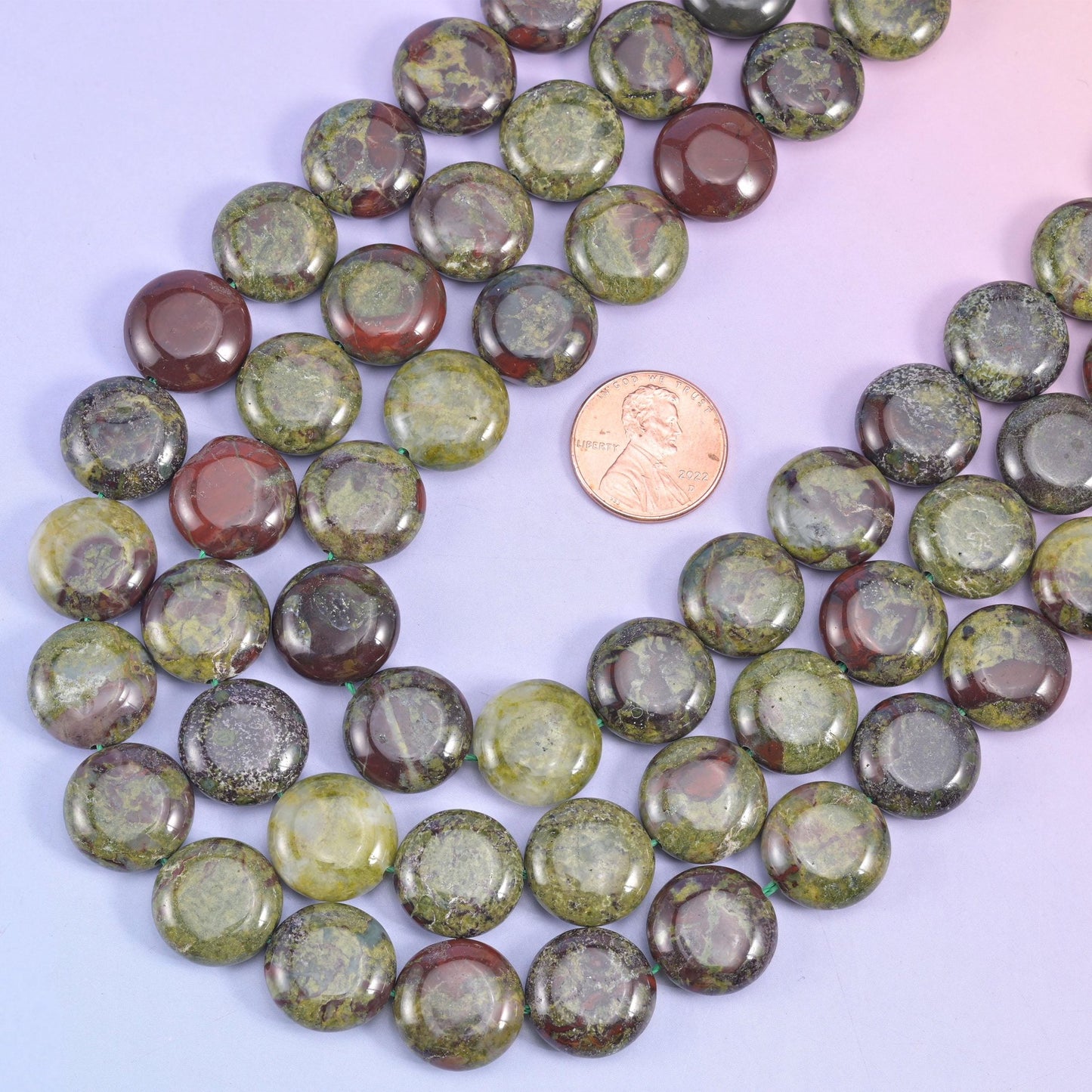 Dragon bloodstone coin beads, 15 inch strand