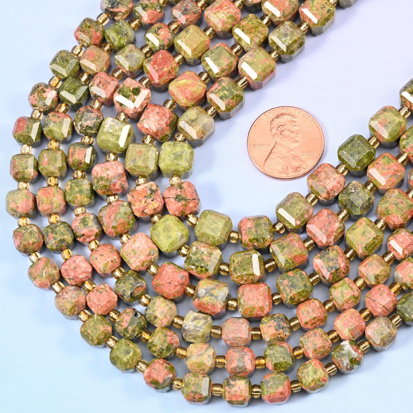Faceted cube cut Unakite beads