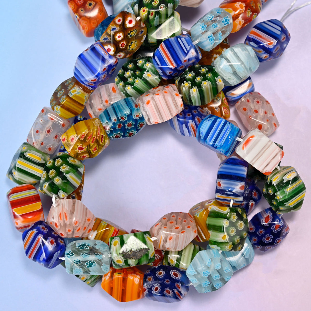 Millefiori glass beads, every bead cut from a different section of cane.