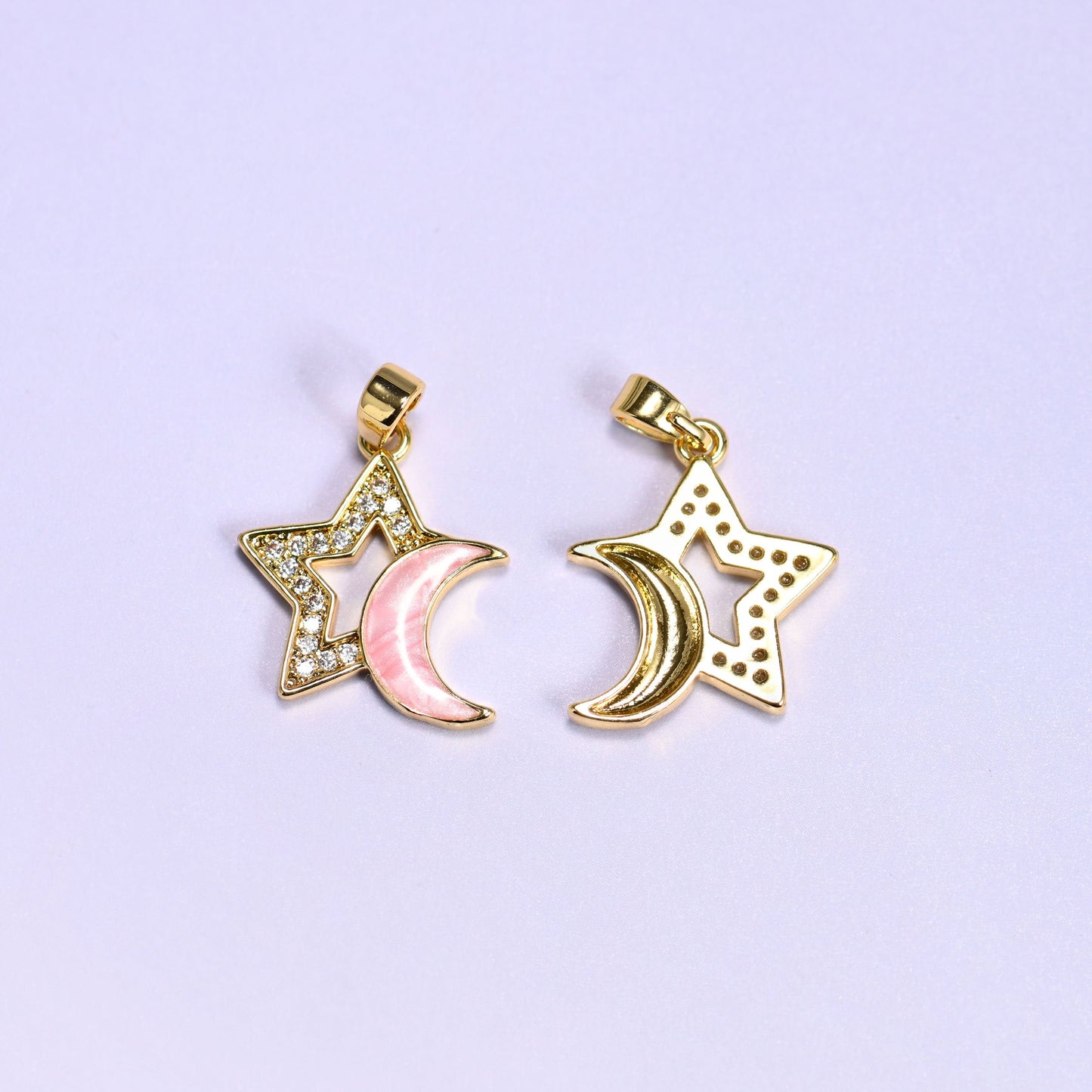 Star moon charm with a shell crescent moon and zircon pave star