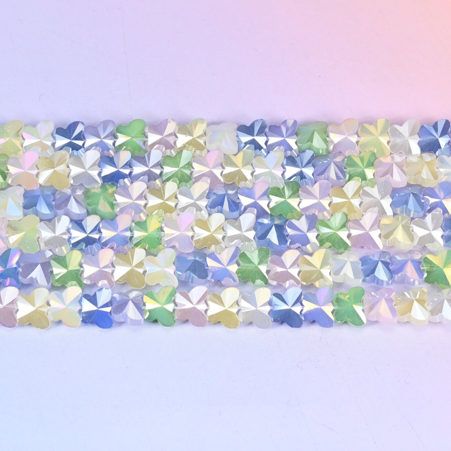 Colorful Frosted Butterfly Glass Beads 7.6x9.6mm in pastel mix of periwinkle blue, mint green, lemon, lilac and cream