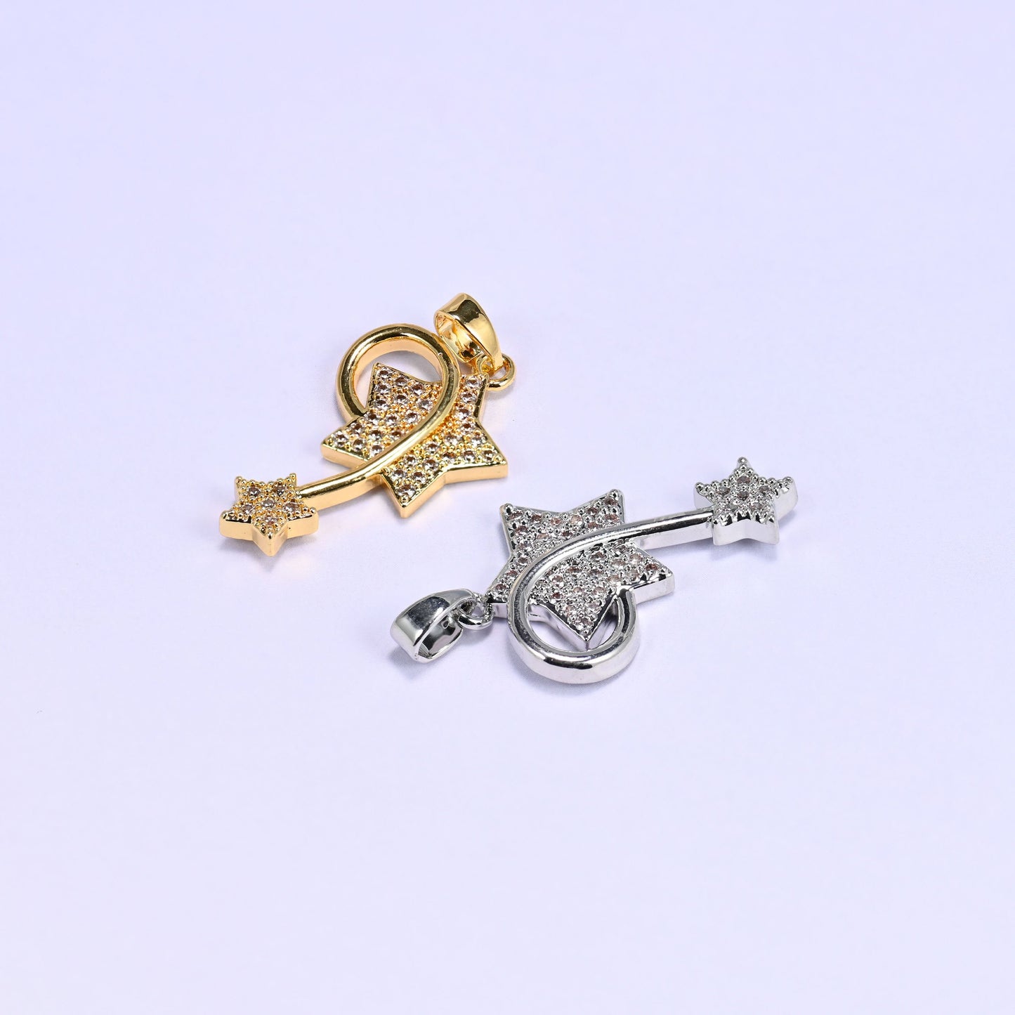 18K Gold Plated Brass Wishing Star Charm Pendant with two clear zircon pave stars connected by a swirling wire trail