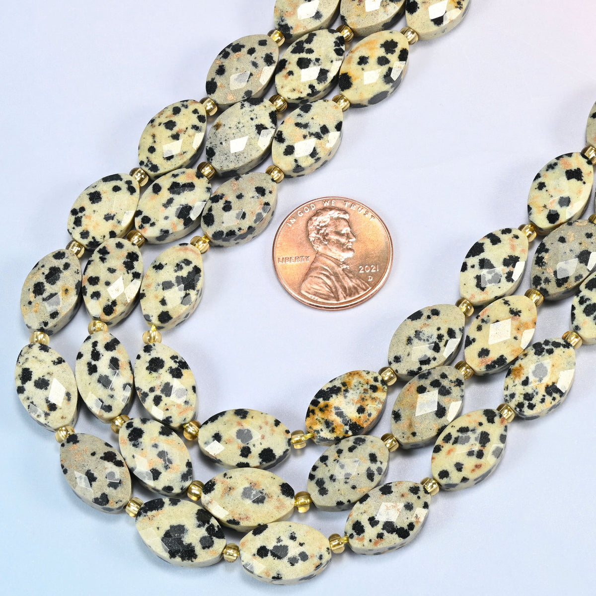Close view of dalmatian jasper faceted flat oval strands curving beside a US penny for scale