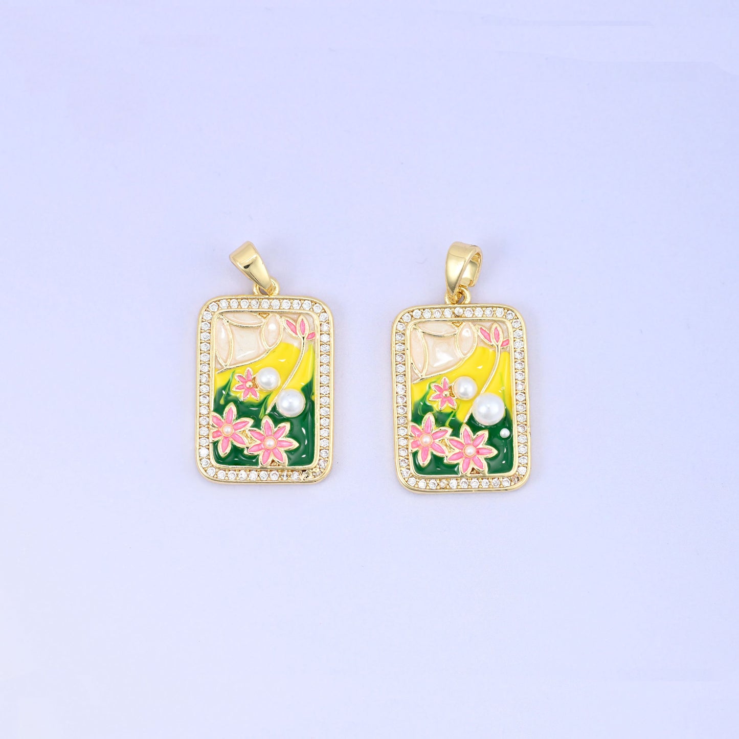 Flower Pearl Zircon Rectangle Pendants: 18K Gold Plated Charms, Jewelry Making Supply