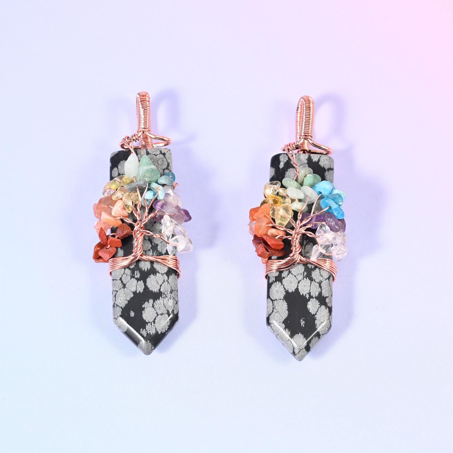Single point hexagon cut natural stone pendant with copper wire tree