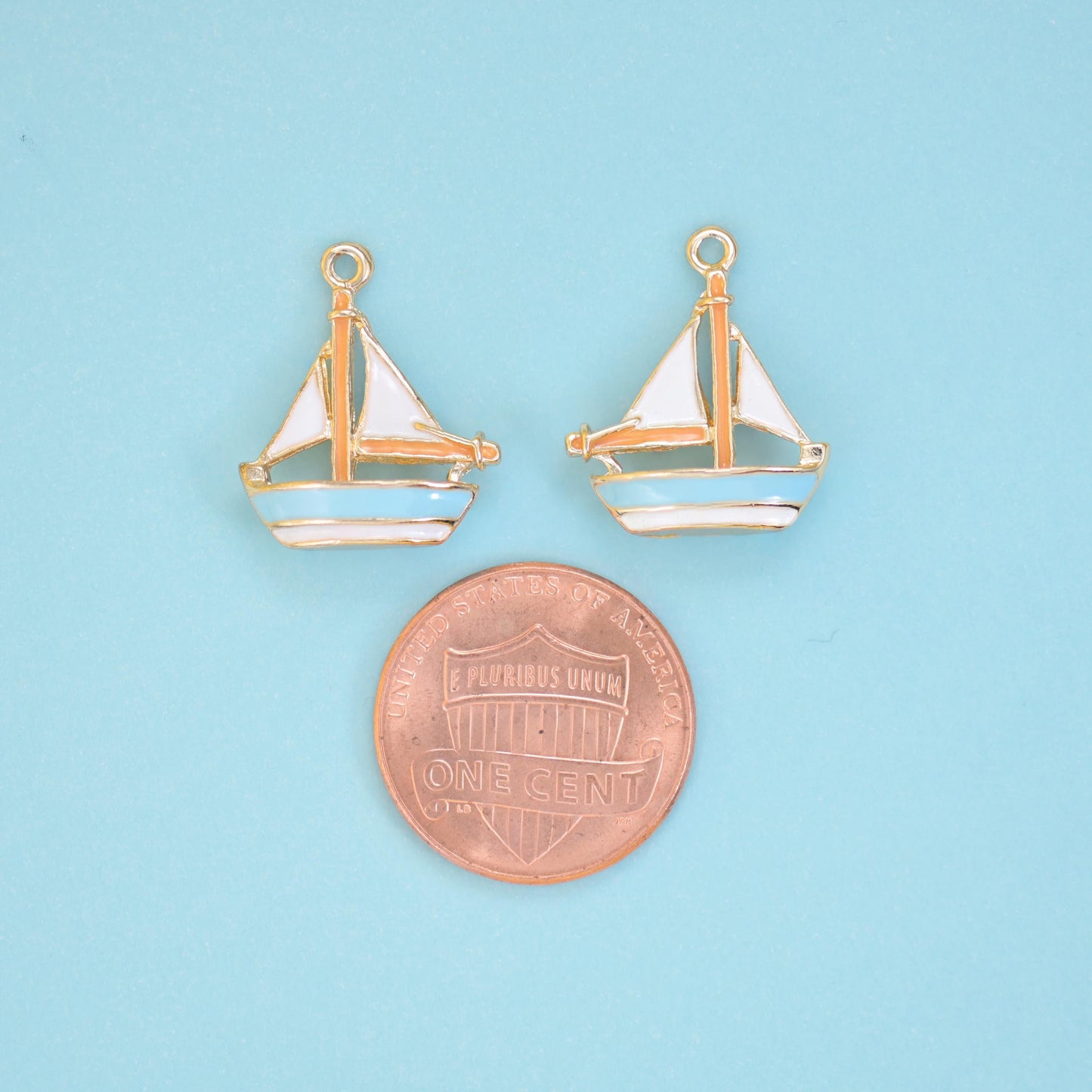 Enamel Sailboat Charm 19x15mm in white and pale blue with gold mast and rigging