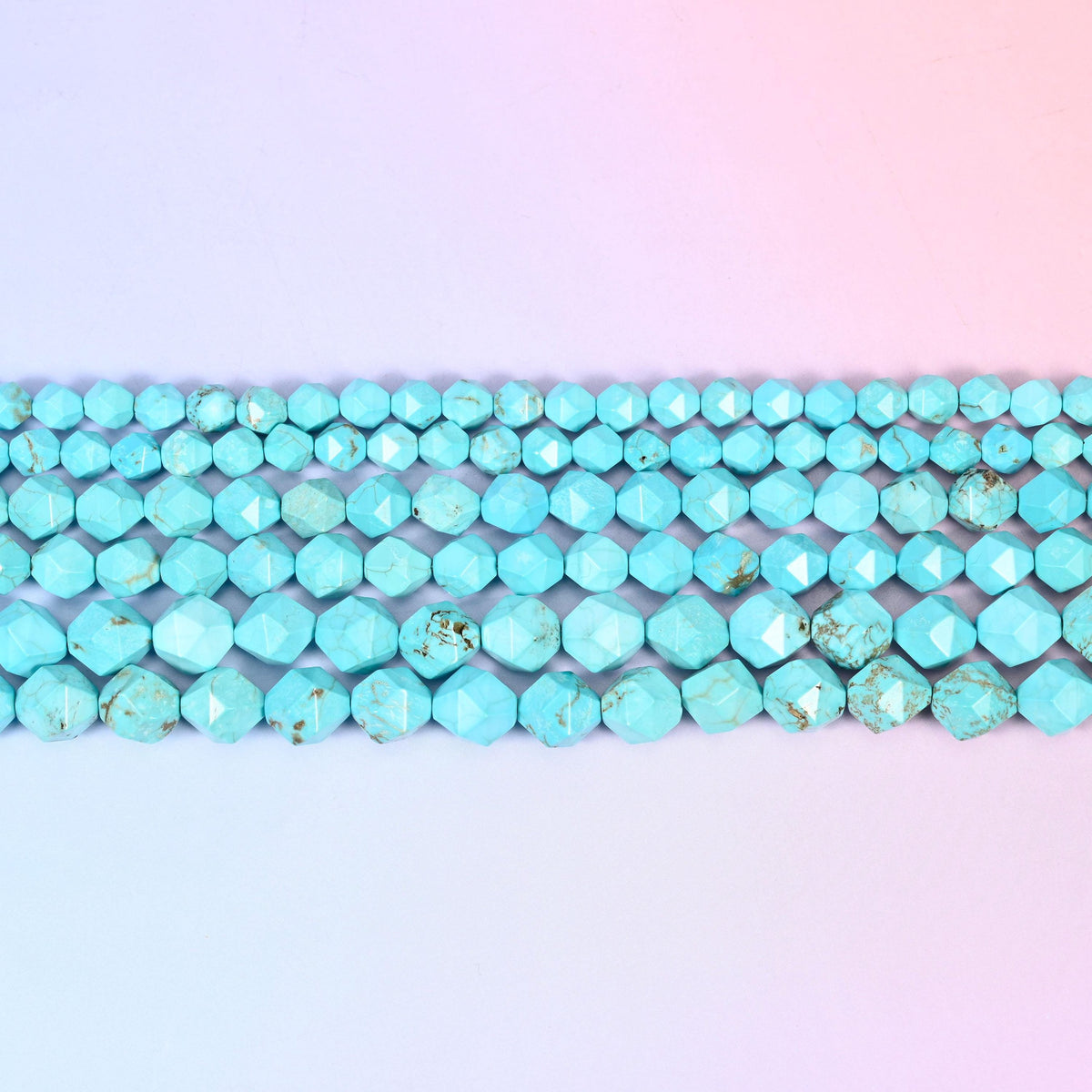 Dyed Blue Howlite Faceted Diamond Star Cut Beads in bright turquoise blue with grey-brown matrix veining