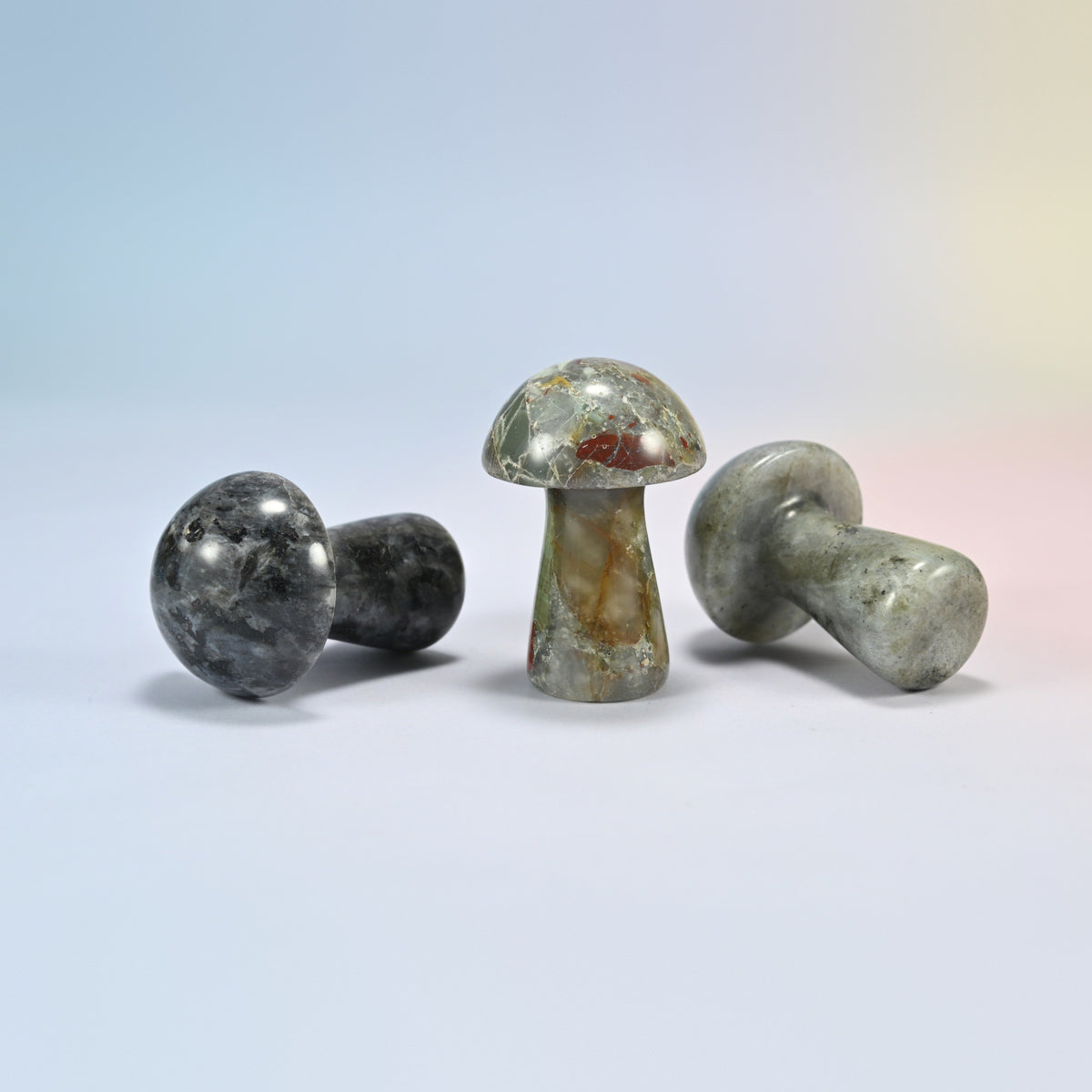 Three 2 inch mushroom crystal carvings, two lying and one standing, in black labradorite, African bloodstone and gray labradorite