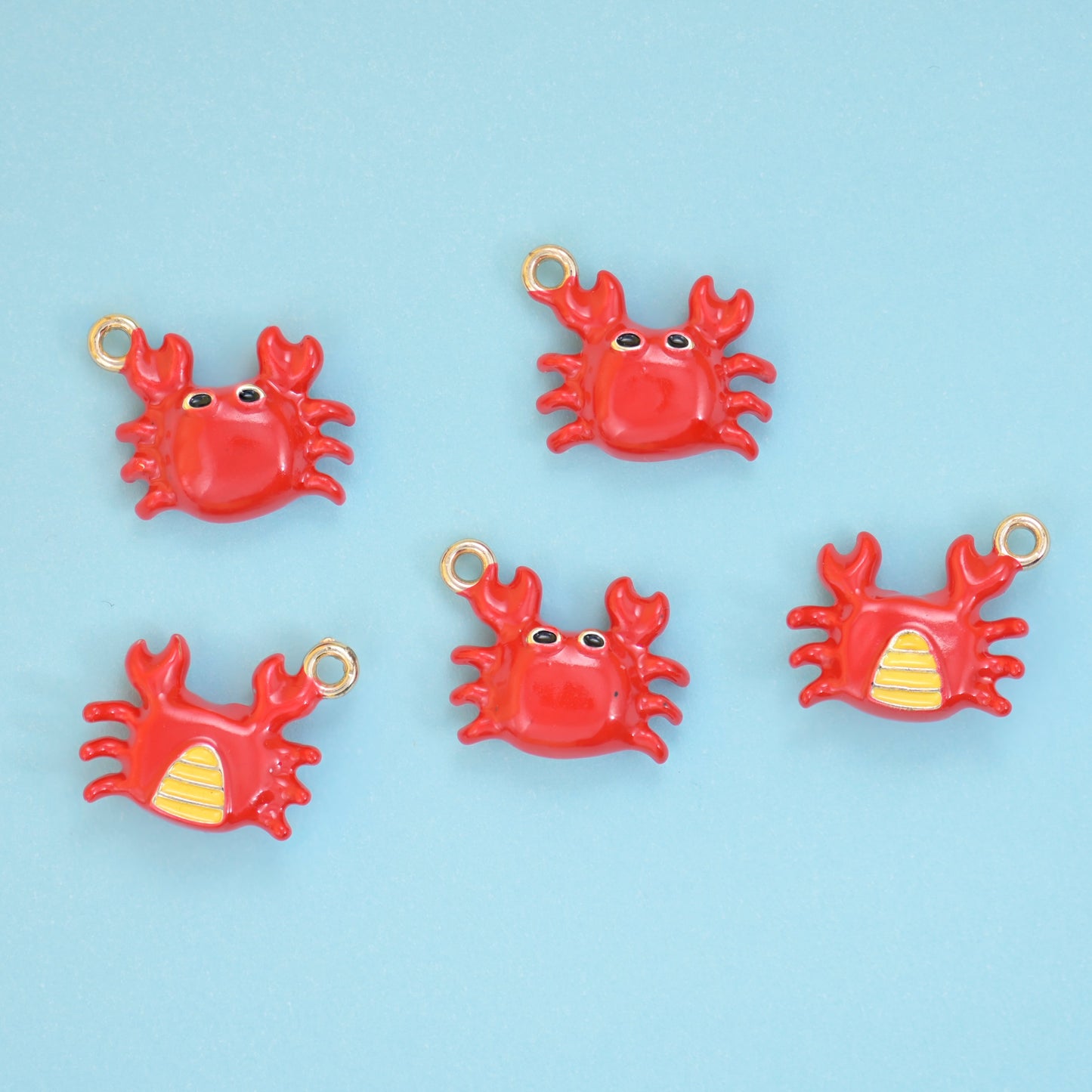 Enamel crab charms for bracelets, necklaces and earrings, red enamel over 18K gold plated brass with a ring loop for hanging