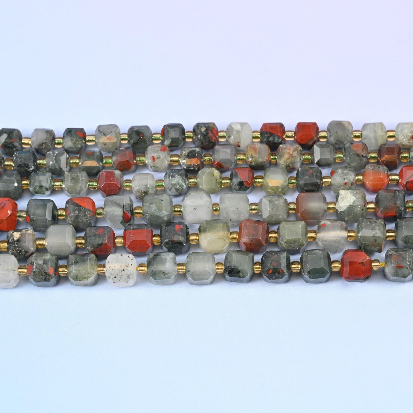 African Bloodstone Faceted Cube Beads 6mm 8mm in smoky grey-green with brick red and rust accents