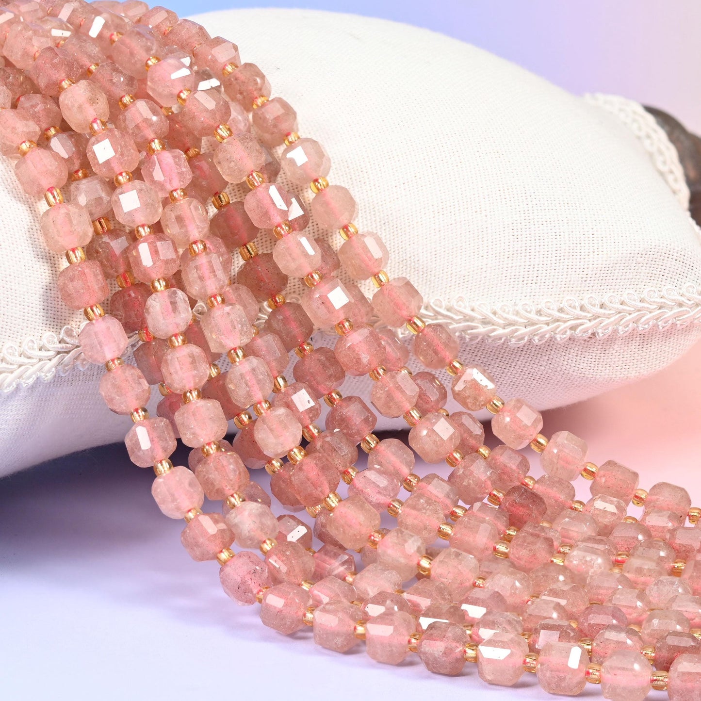 Strawberry Quartz Faceted Cube Beads, dusty rose flecked with rust-red inclusions