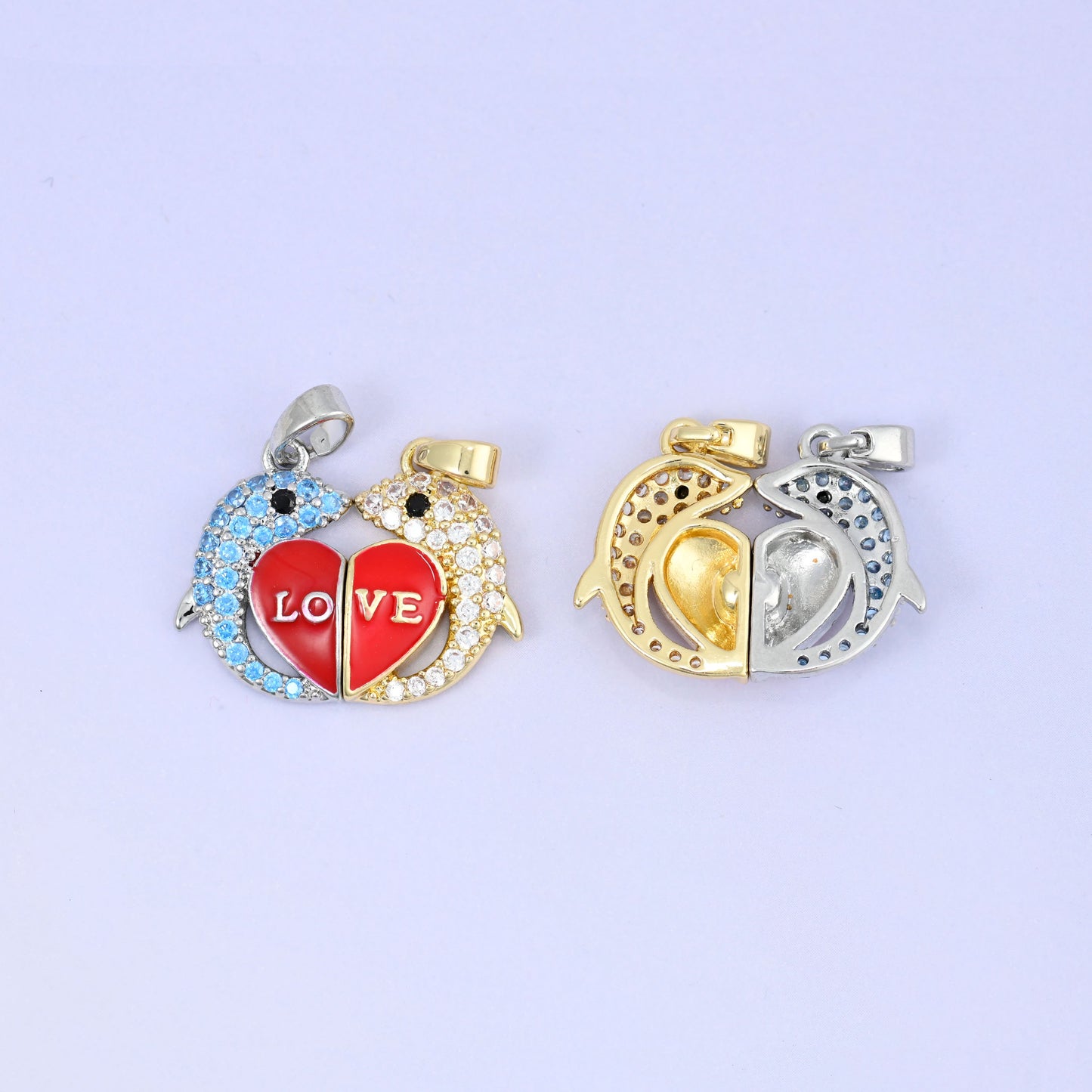 Magnetic Enamel Dolphin Love Zircon Pendants: 18K Gold Plated, Jewelry Making Supply