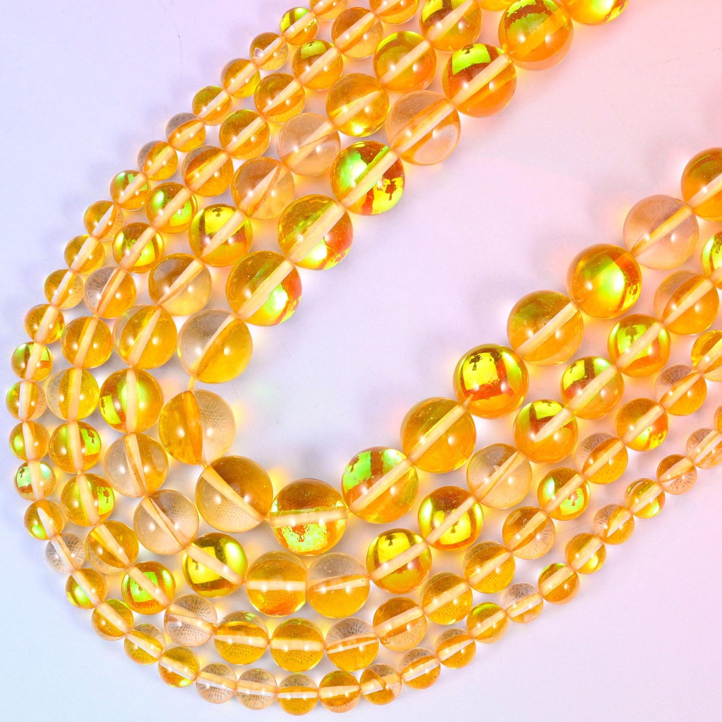 Mystic Aura Yellow Round Glass Beads, 15 inch strand