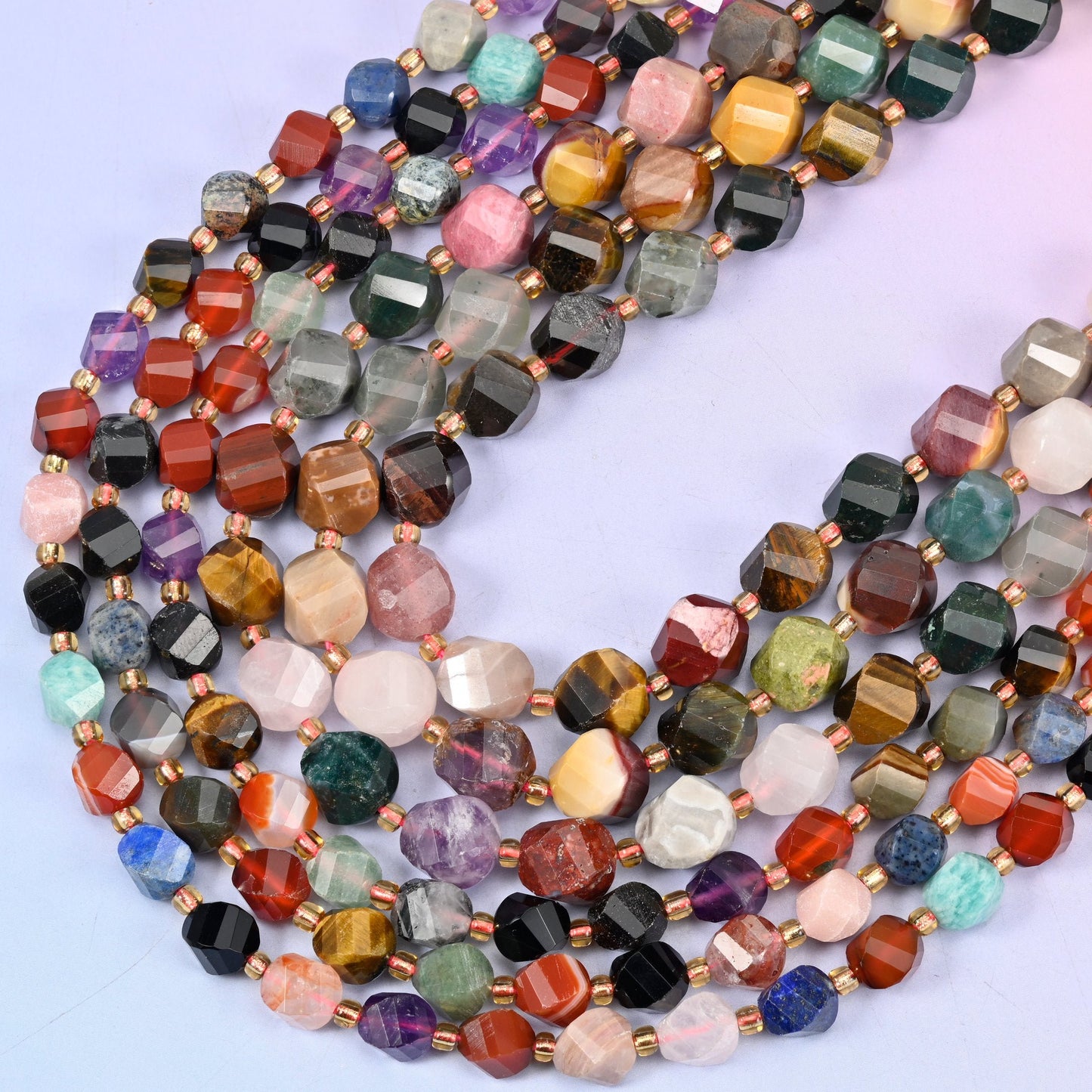 Assorted Gemstone Faceted Spiral Twist Beads 8mm 10mm, 15 inch strand