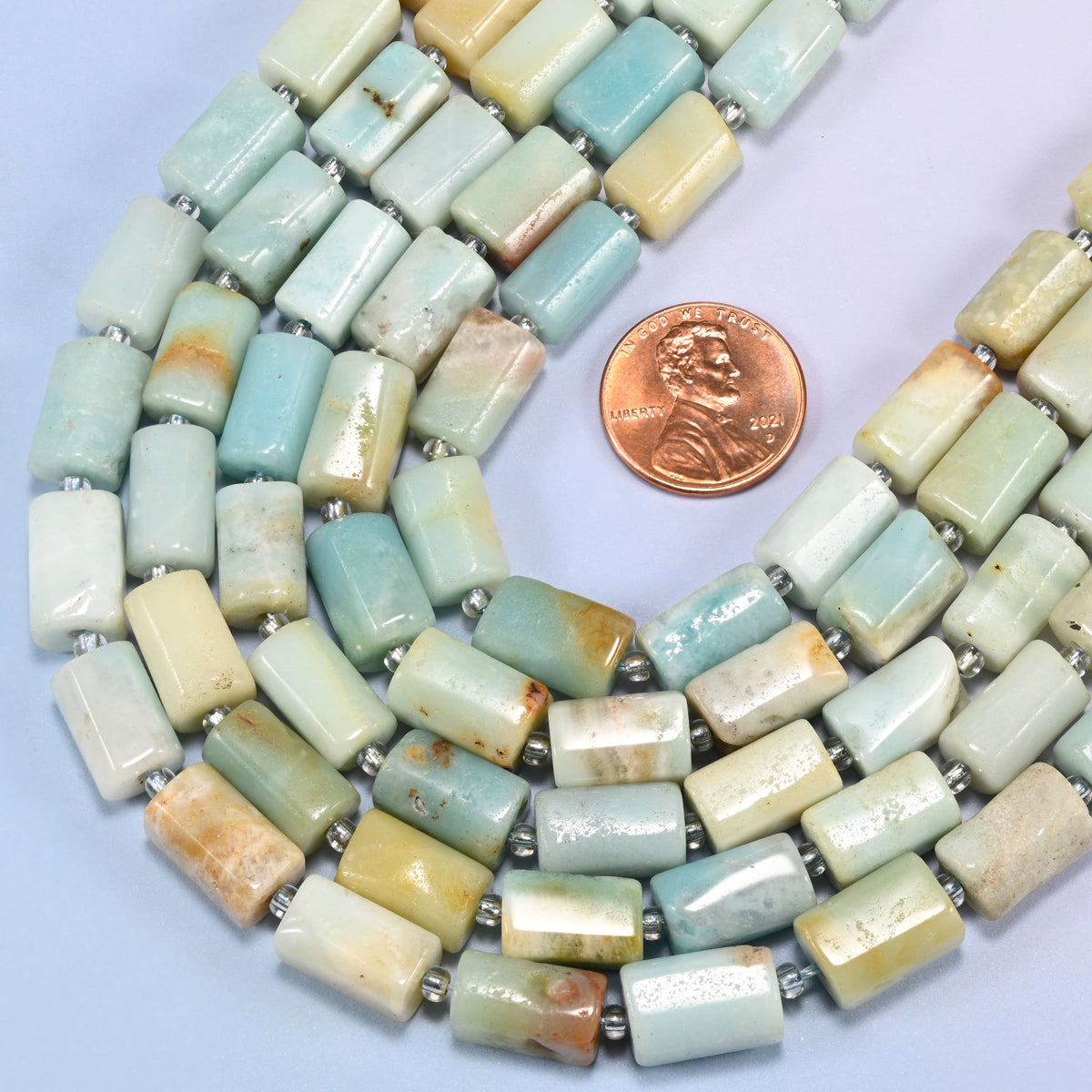 Coiled strands of Multi-Color Amazonite faceted tube beads, 12x8mm natural stone tubes with brown and orange markings