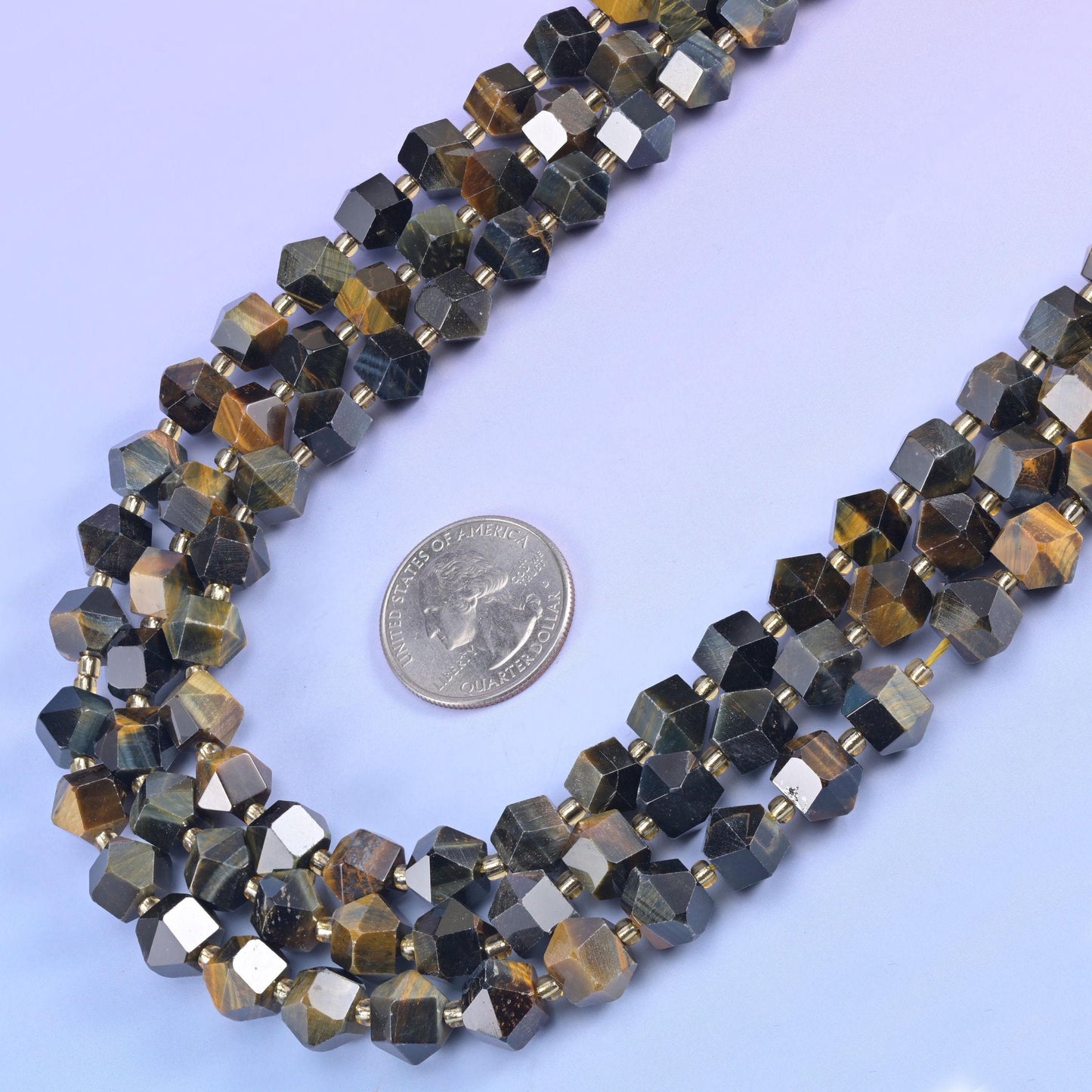 Iron Tiger Eye Faceted Diamond Rhombus Beads in steel grey and gunmetal with honey-gold banding