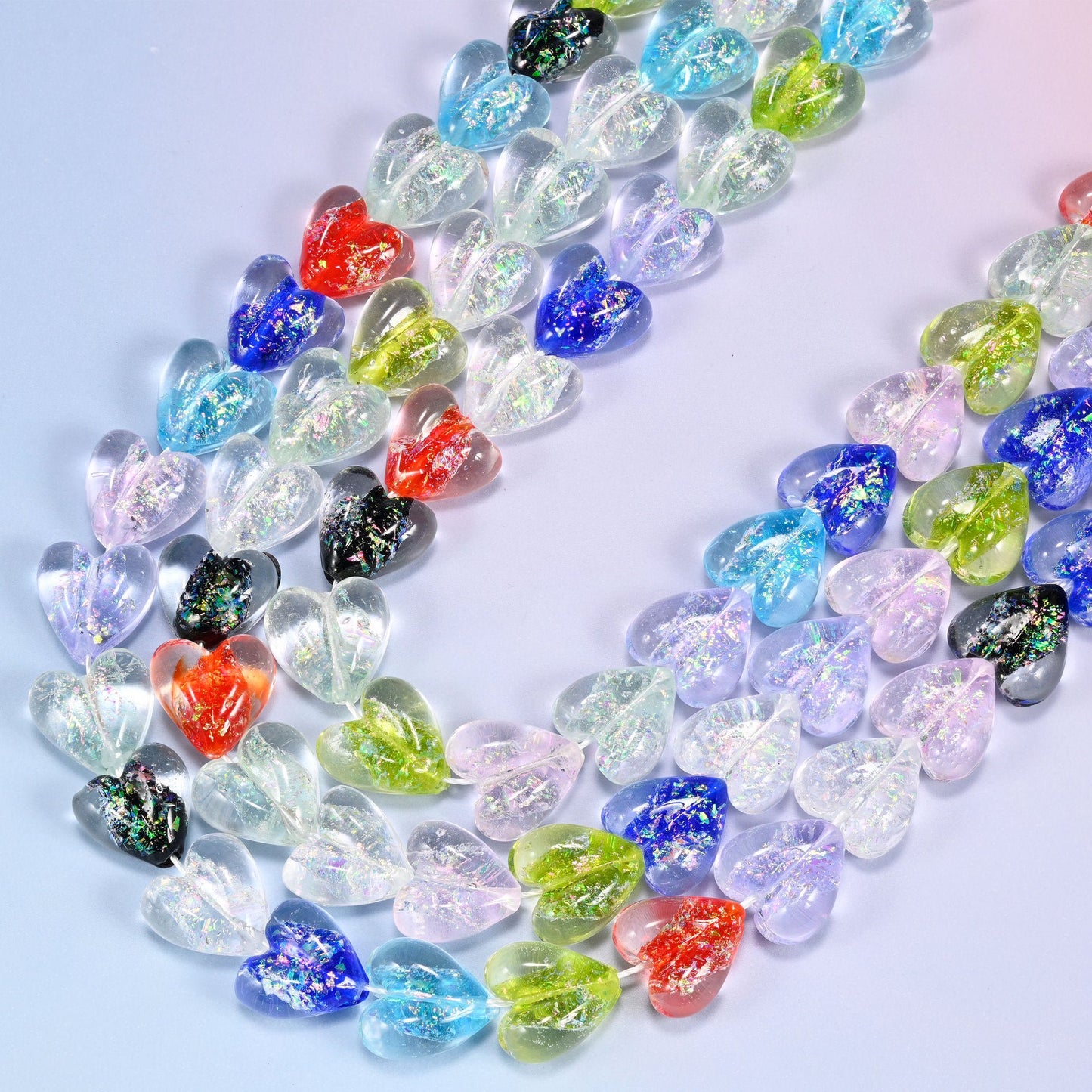 Iridescent Multicolor Heart Glass Beads, 11.5 inch strand