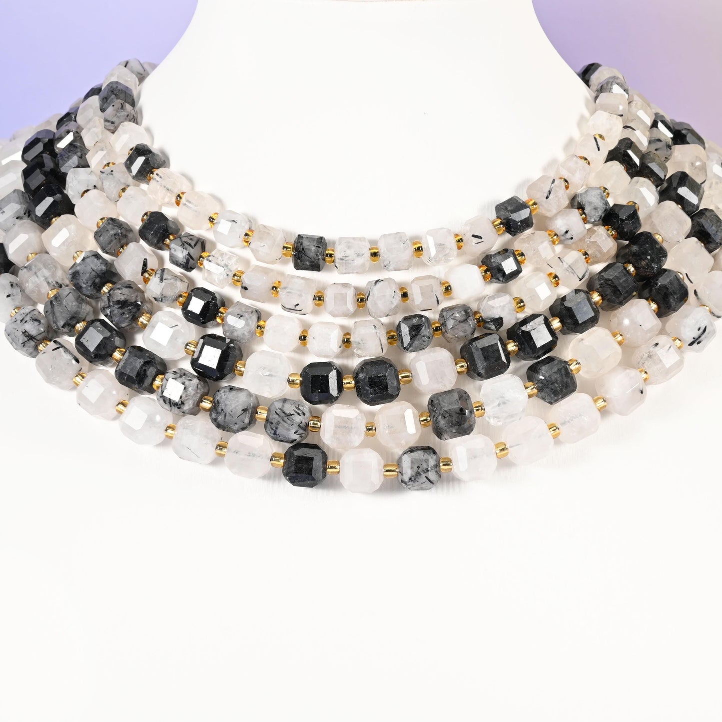 Black Rutilated Quartz beads, faceted cube with cut corners, 6mm, 8mm