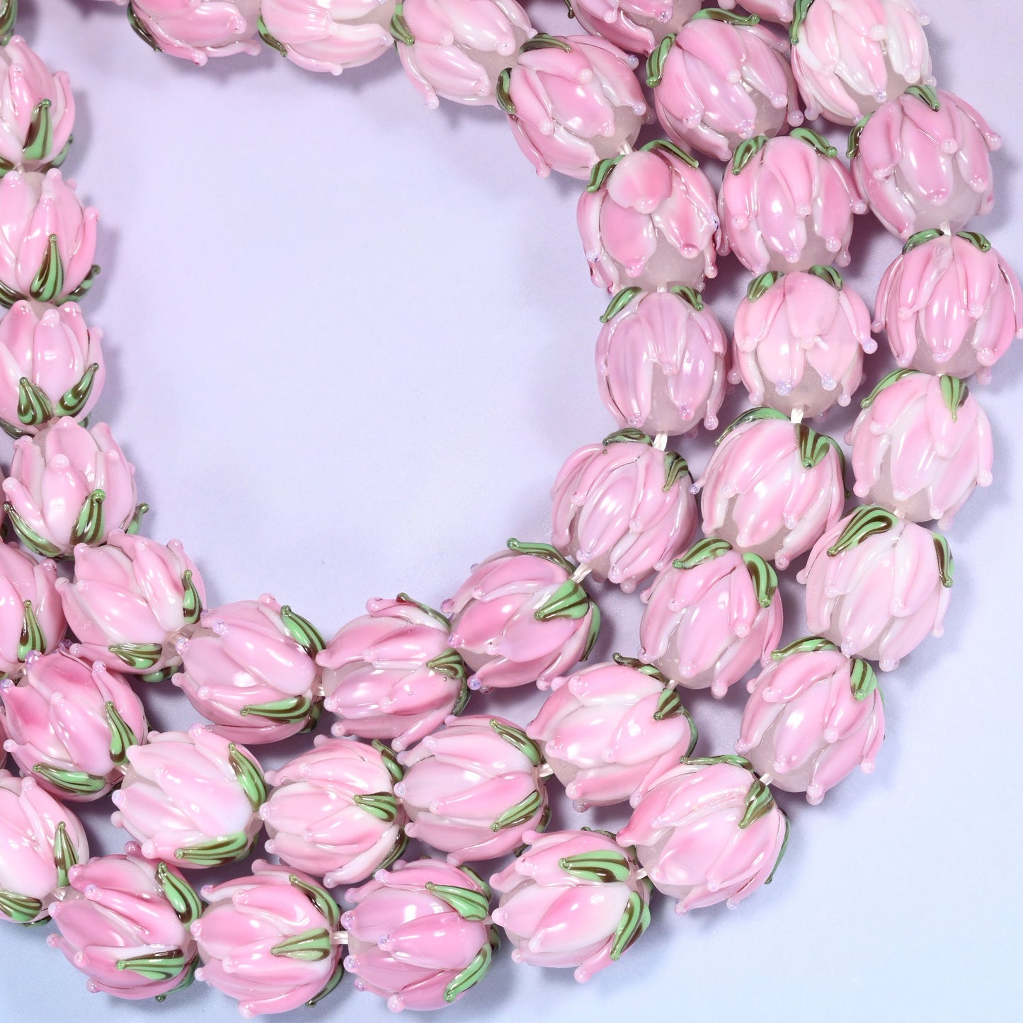 Pink tulip flower bud lampwork glass beads, hole 1.2mm to 1.8mm