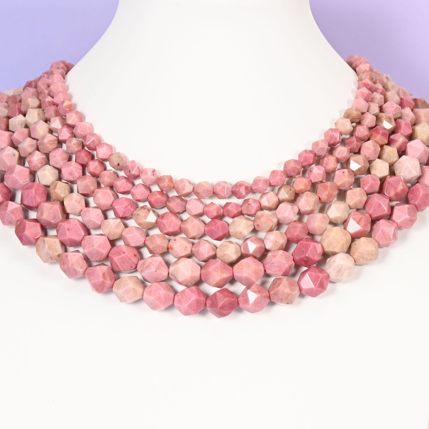 Pink Rhodonite beads, diamond star cut, 6mm to 10mm