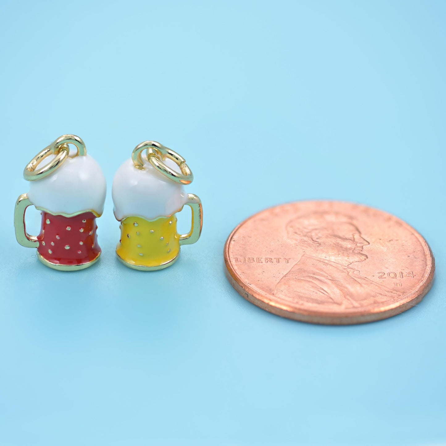 Beer mug shaped brass charm, 18K gold filled with coloured enamel