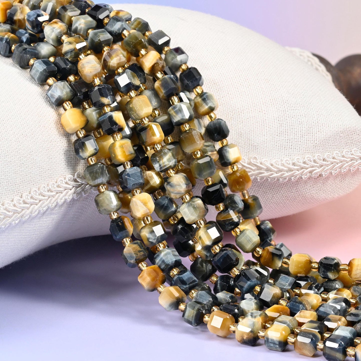 Dream Tiger Eye Faceted Cube Beads, natural stone with chatoyant sheen
