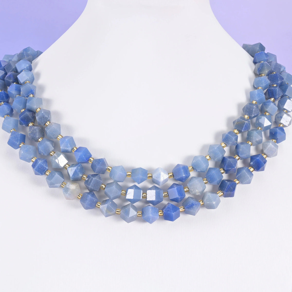 Faceted diamond cut beads, denim blue and glowing orange among the colourways offered.