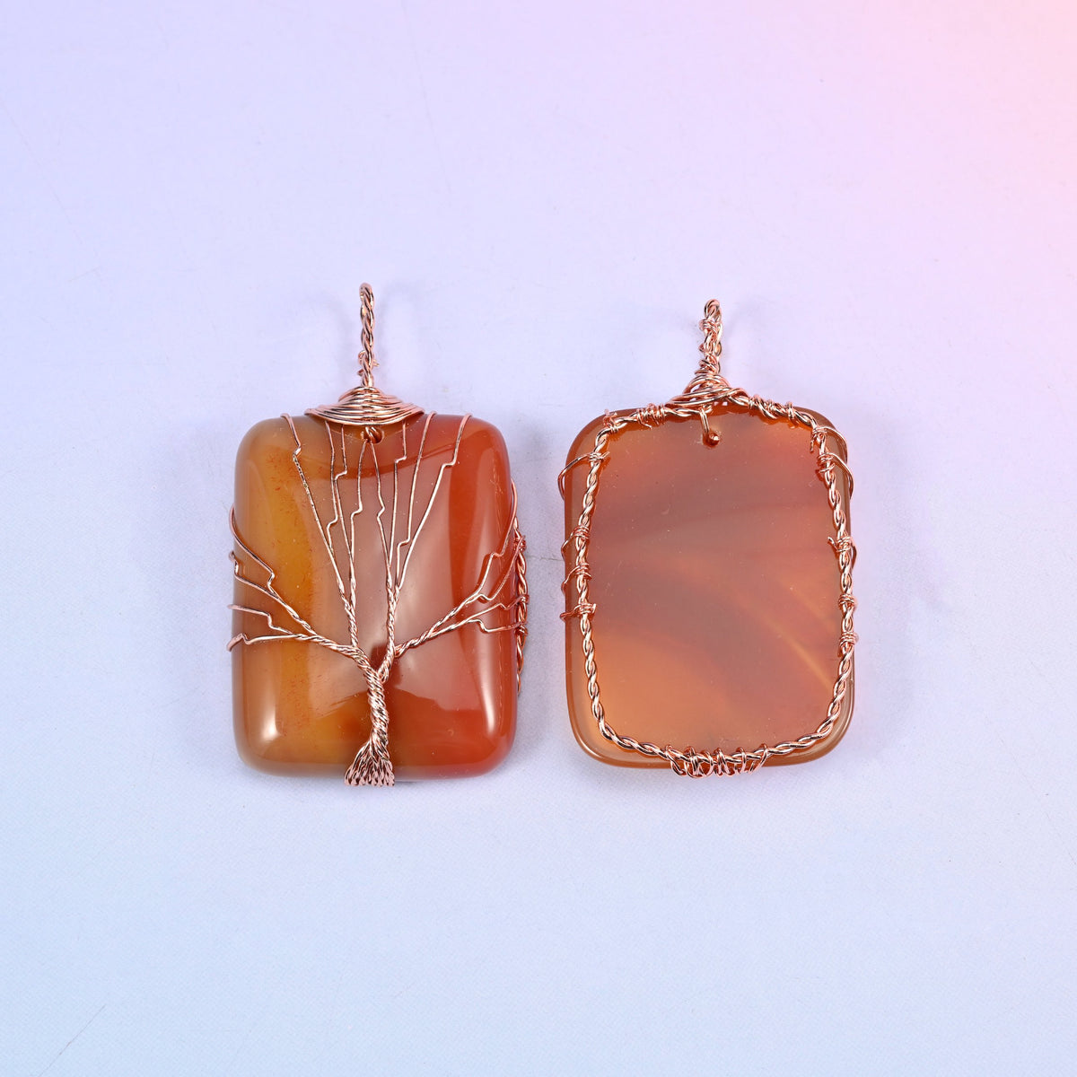 Rectangle Gemstone Tree of Life Pendant in red-orange agate, front and back pair showing the branch spread on one side and the open wire frame on the other.