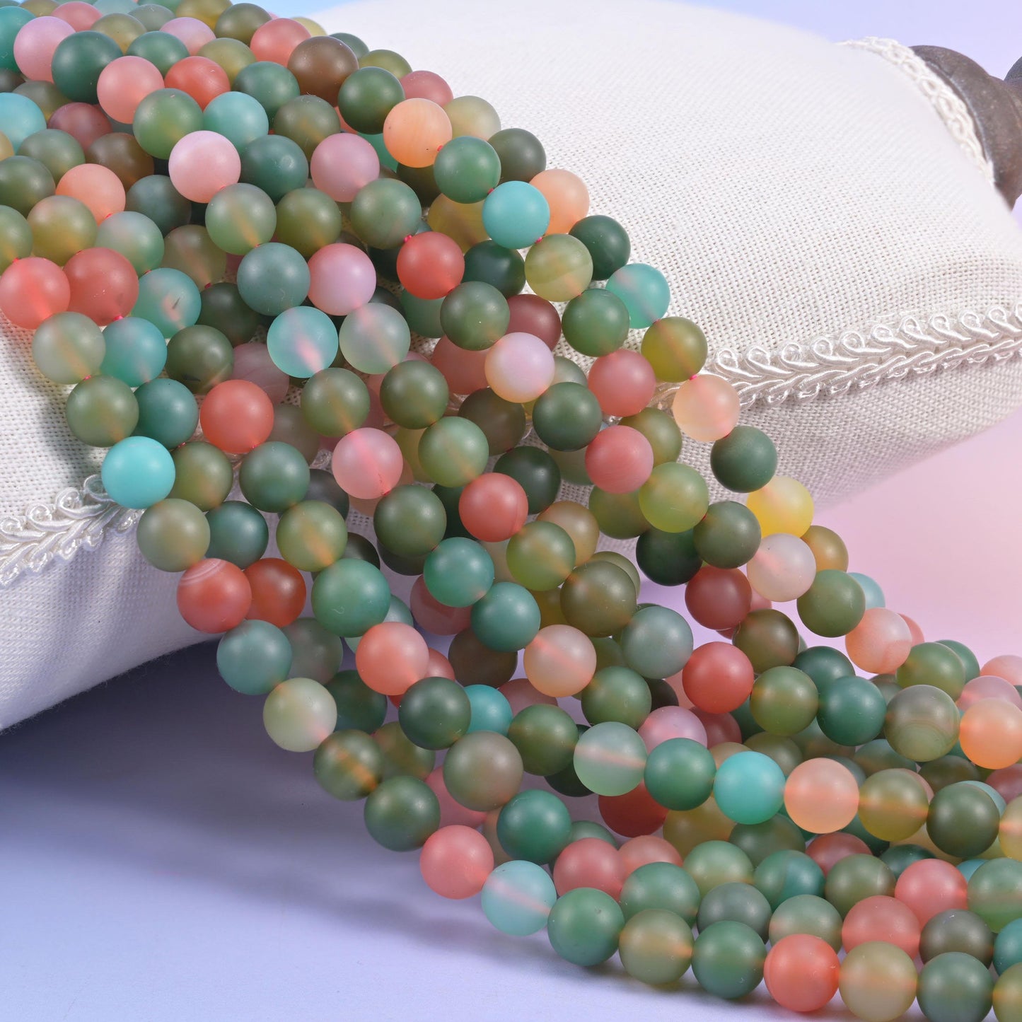 Green Yanyuan Agate matte round beads, a soft multi-colour mix led by olive and sage green