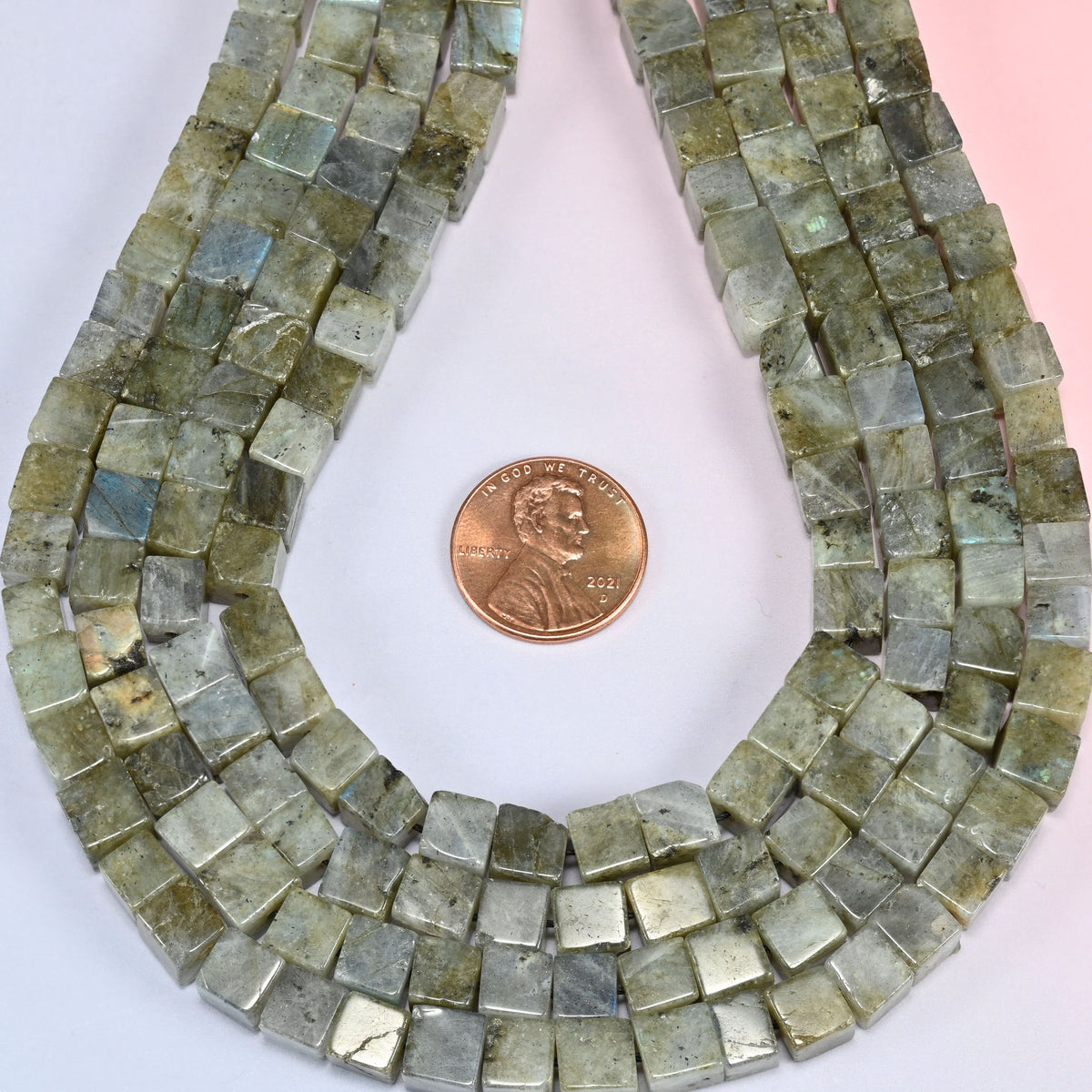 Gray Labradorite cube beads in a deep teardrop loop, approximately 60 beads per 15 inch strand