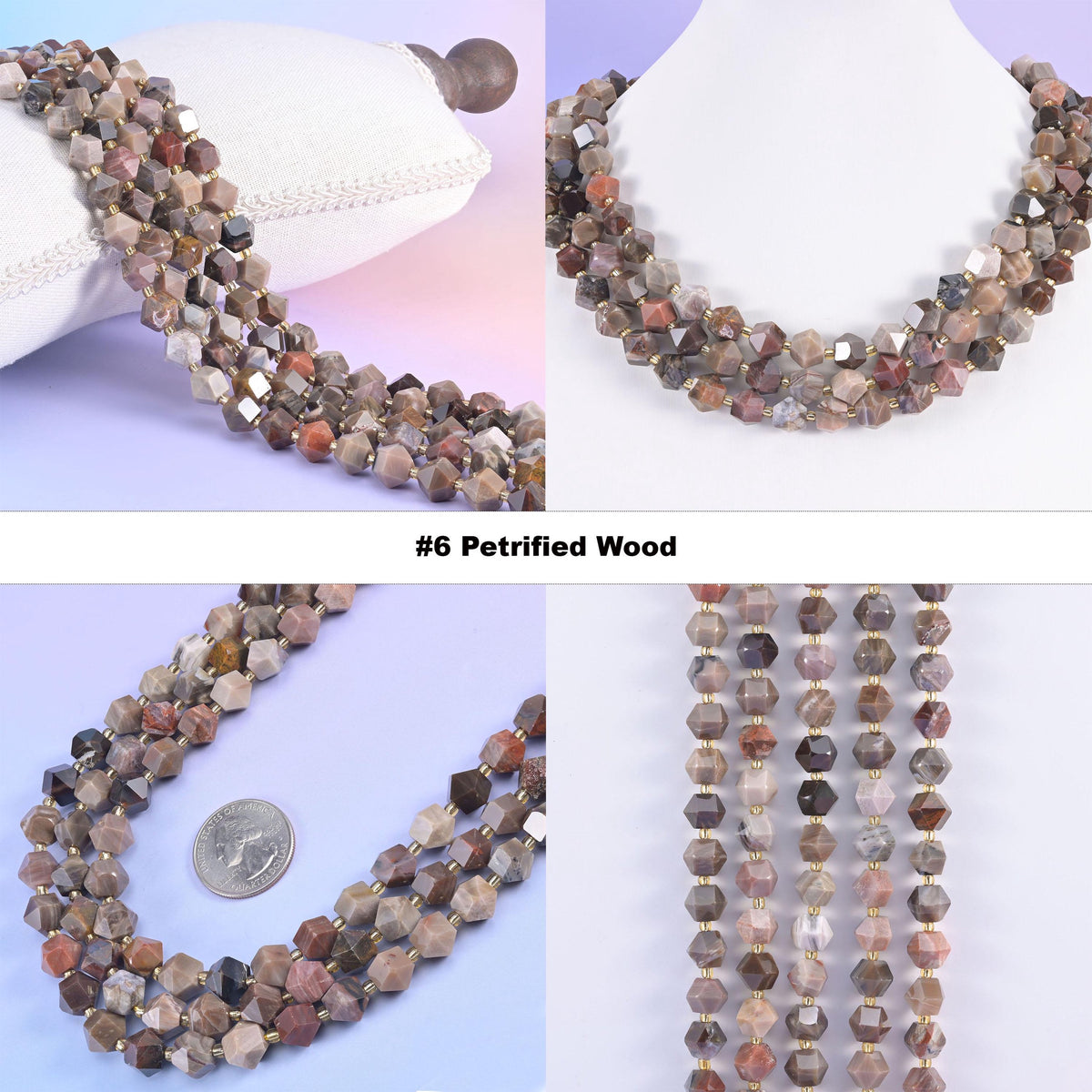 Faceted 8 sides diamond rhombus beads in petrified wood, option 6 shown in four views, brown and tan with wood grain running through.