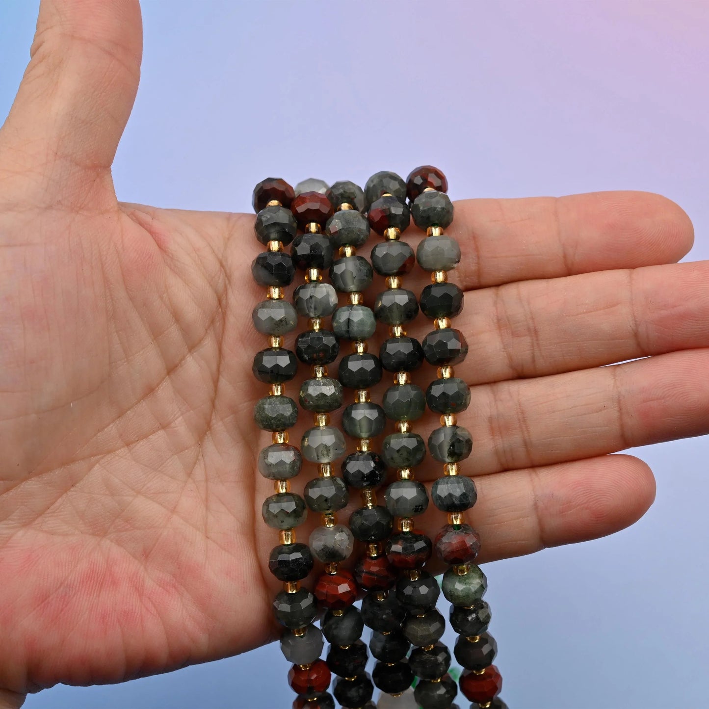 African bloodstone rondelle beads in deep forest green with rust-red flecks