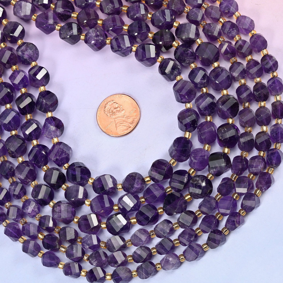 Dark Purple Amethyst Faceted Spiral Twist Beads, deep grape and aubergine quartz translucent enough to show a paler zone