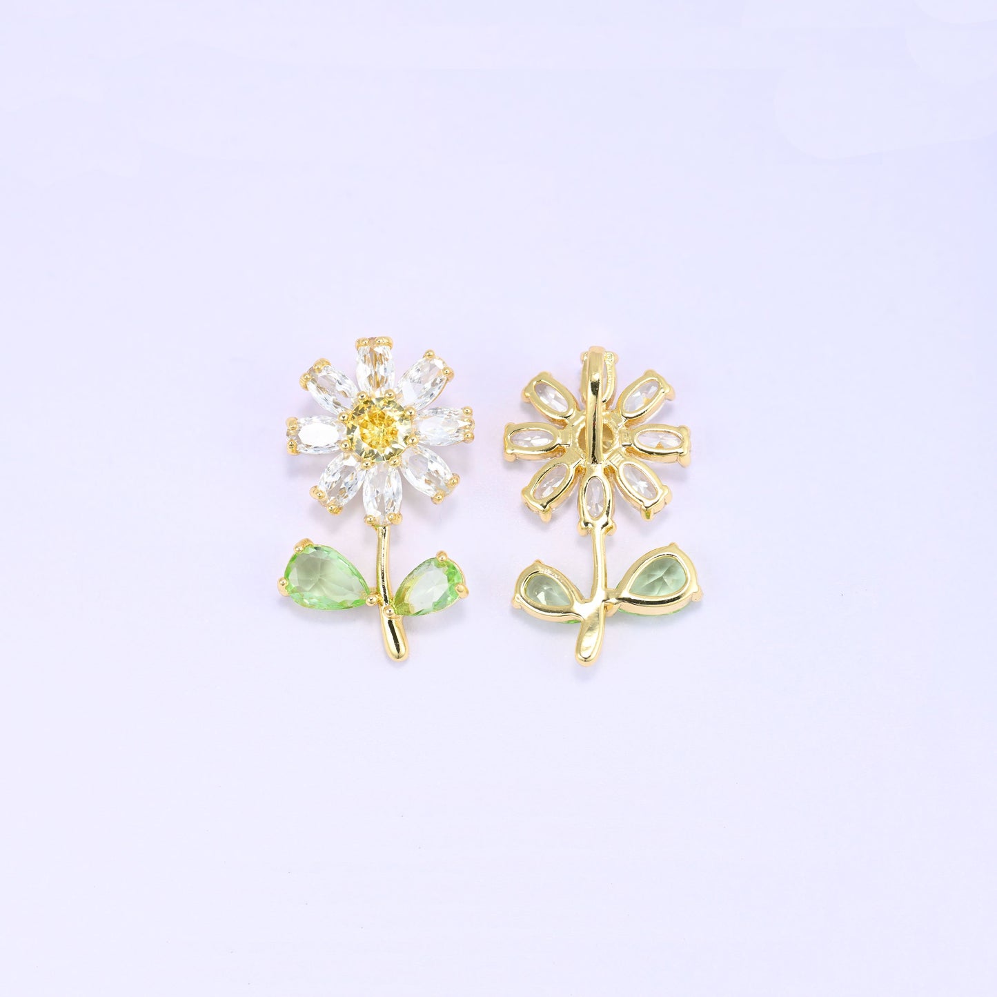 Daisy Flower Green Leaves Zircon Charms: 18K Gold Plated, Jewelry Making Supply