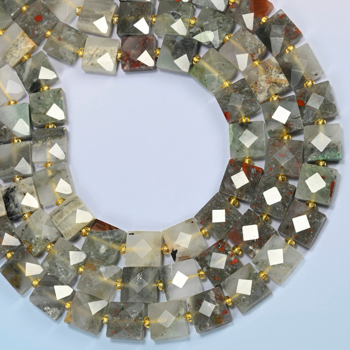 Natural African bloodstone faceted flat square beads curved into an open loop, gray-green beads with brick red spots