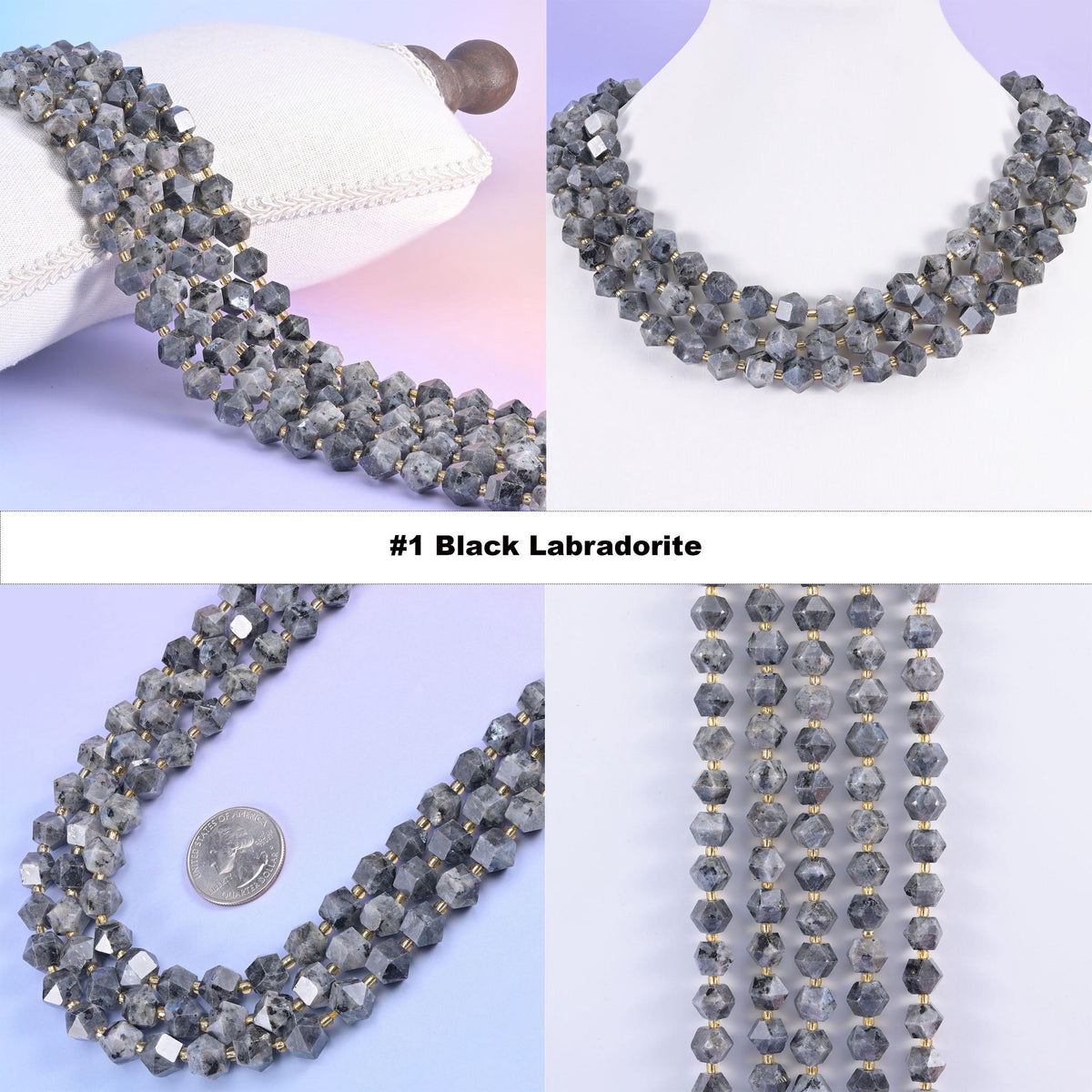 Faceted 8 sides diamond rhombus beads in black labradorite, option 1 shown in four views, gray beads flashing sheen on the cut faces.