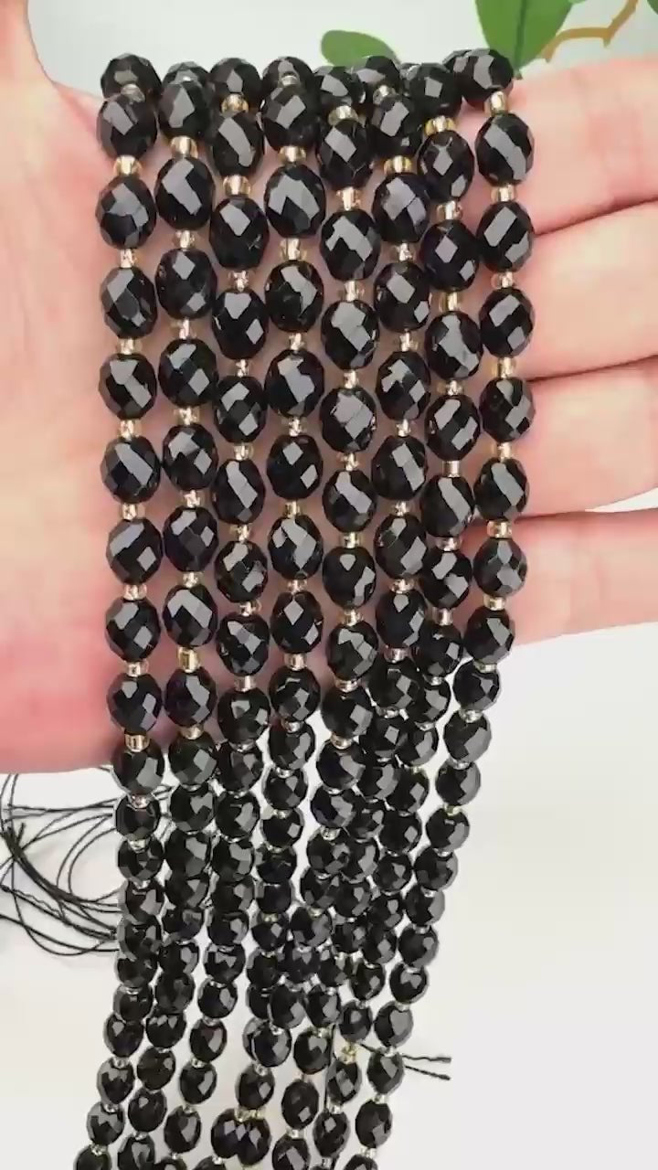 Black Onyx Faceted Rice Barrel Beads Size 6x8mm for evening and layered jewelry.